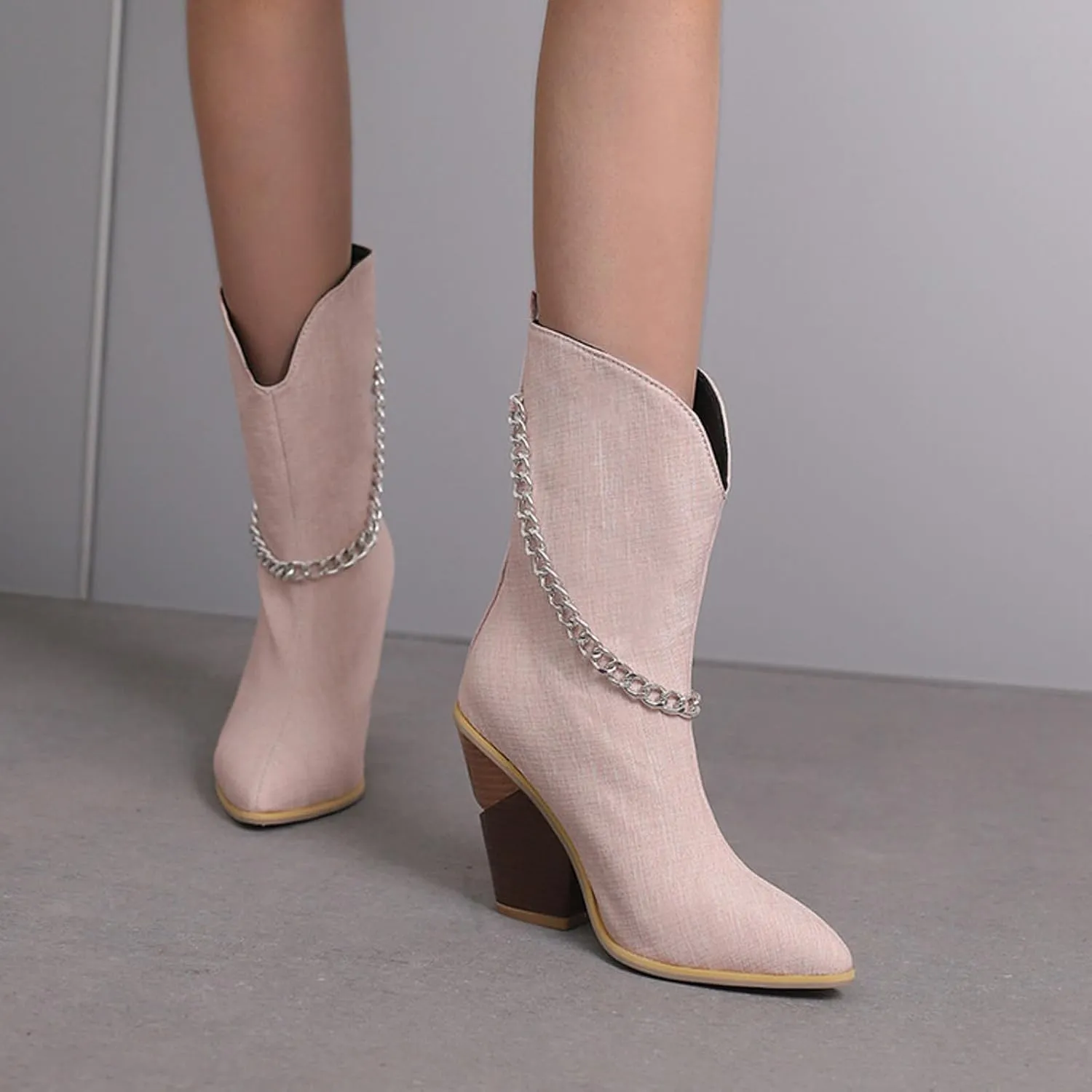 Crzidha Chunky Block Heel Boots for Women,Pull On Pointed Toe High Heel Ankle Boots Wide Calf Low Calf Cowboy Boots for Women Comfy Walking Arch Support Winter Fall Fashion Party Boots