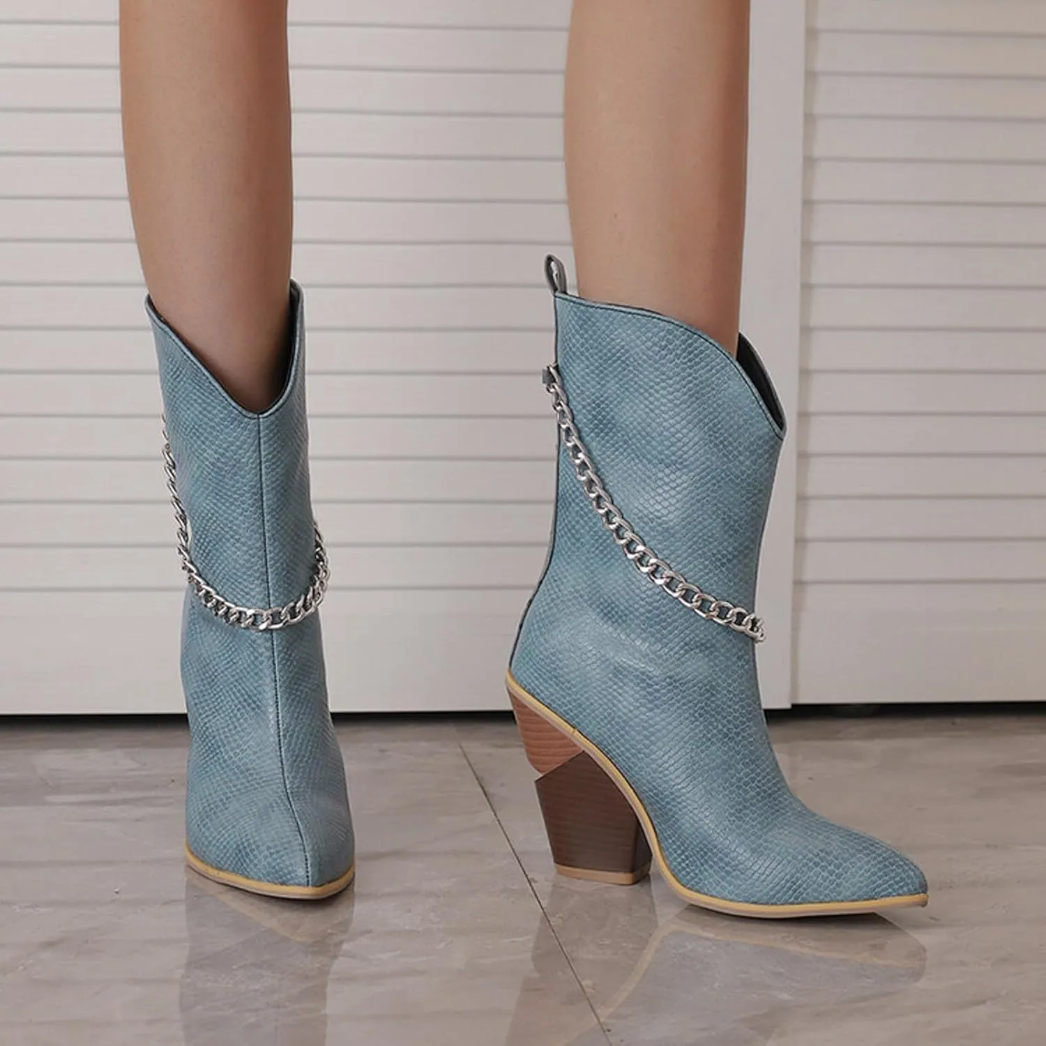 Crzidha Chunky Block Heel Boots for Women,Pull On Pointed Toe High Heel Ankle Boots Wide Calf Low Calf Cowboy Boots for Women Comfy Walking Arch Support Winter Fall Fashion Party Boots
