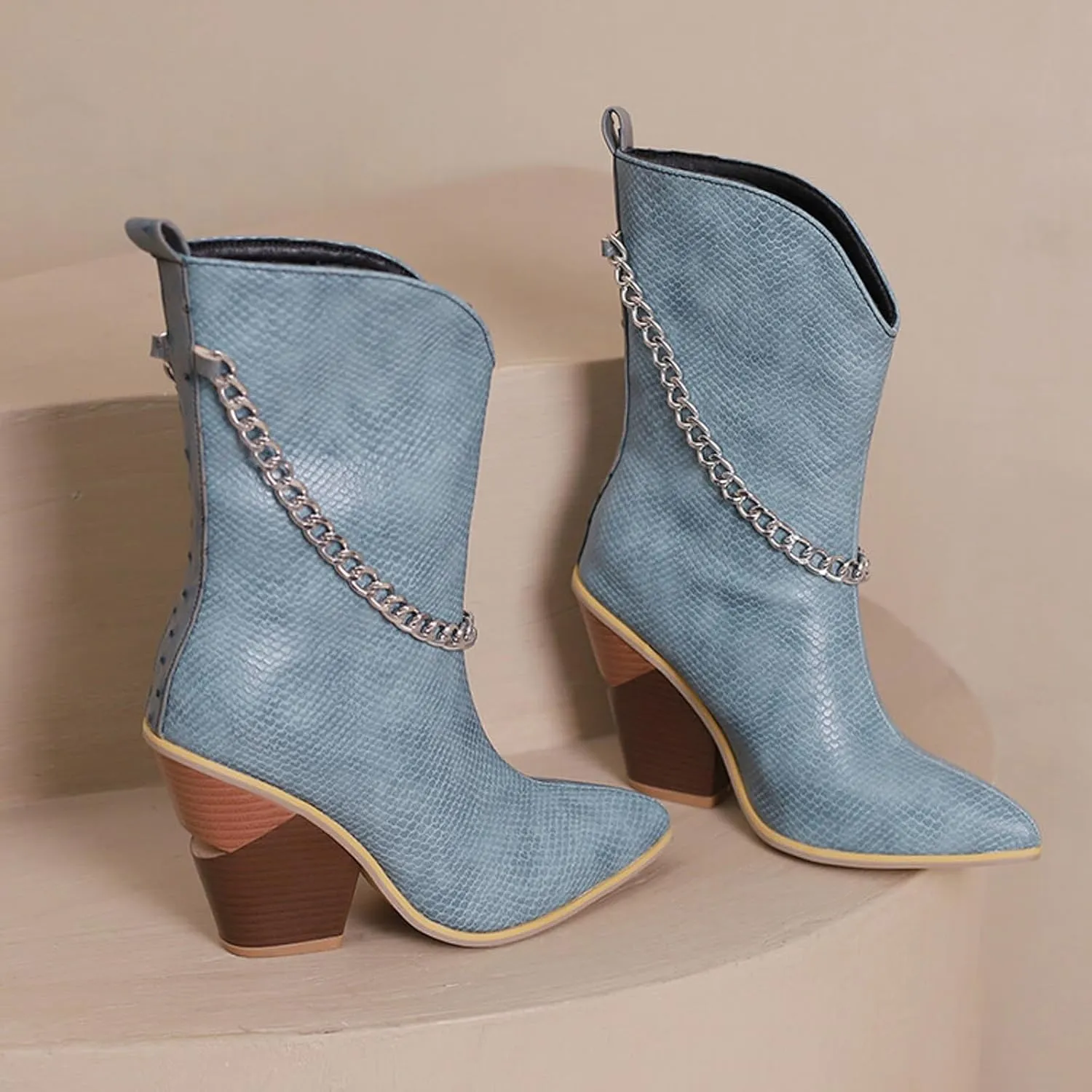 Crzidha Chunky Block Heel Boots for Women,Pull On Pointed Toe High Heel Ankle Boots Wide Calf Low Calf Cowboy Boots for Women Comfy Walking Arch Support Winter Fall Fashion Party Boots