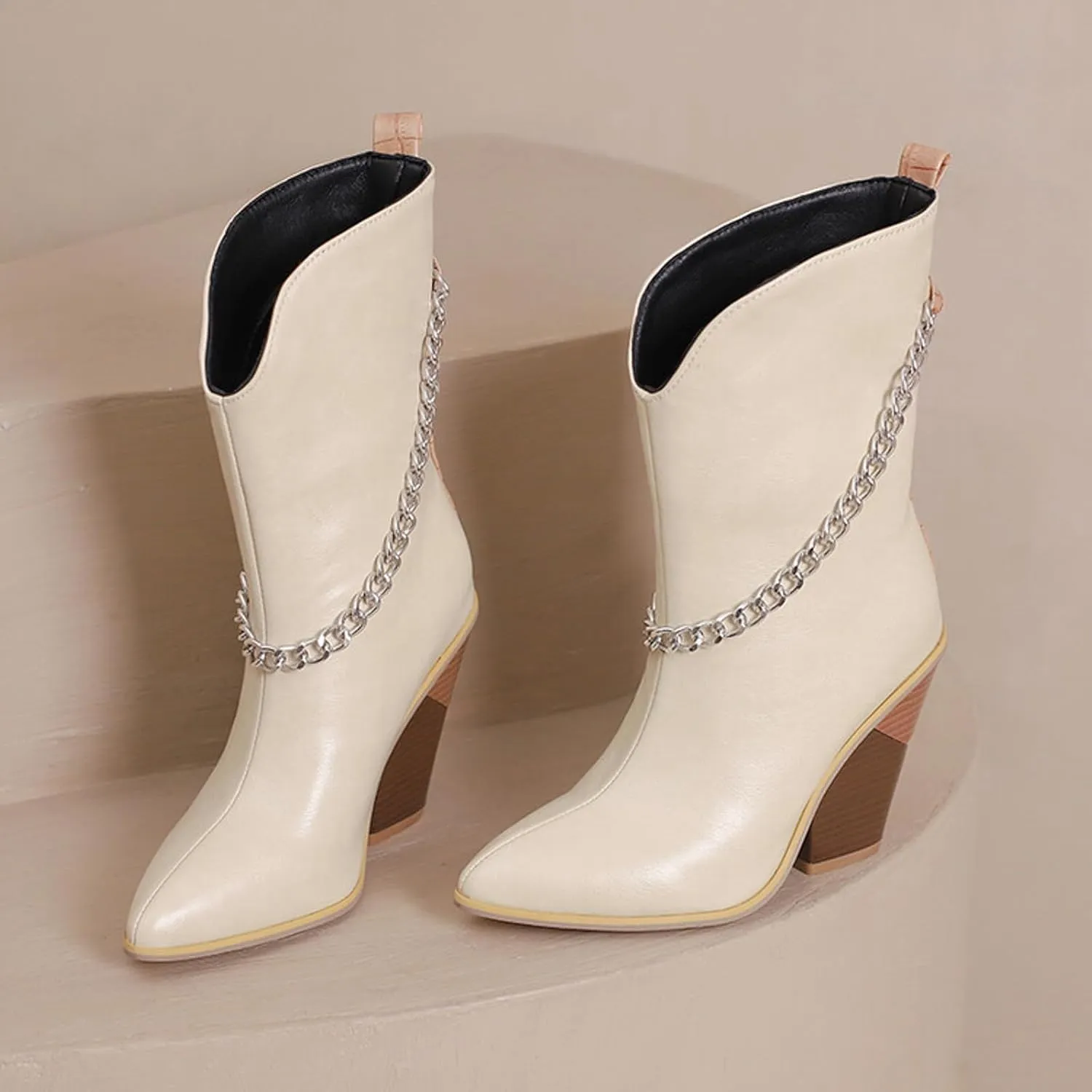 Crzidha Chunky Block Heel Boots for Women,Pull On Pointed Toe High Heel Ankle Boots Wide Calf Low Calf Cowboy Boots for Women Comfy Walking Arch Support Winter Fall Fashion Party Boots