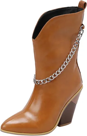 Crzidha Chunky Block Heel Boots for Women,Pull On Pointed Toe High Heel Ankle Boots Wide Calf Low Calf Cowboy Boots for Women Comfy Walking Arch Support Winter Fall Fashion Party Boots