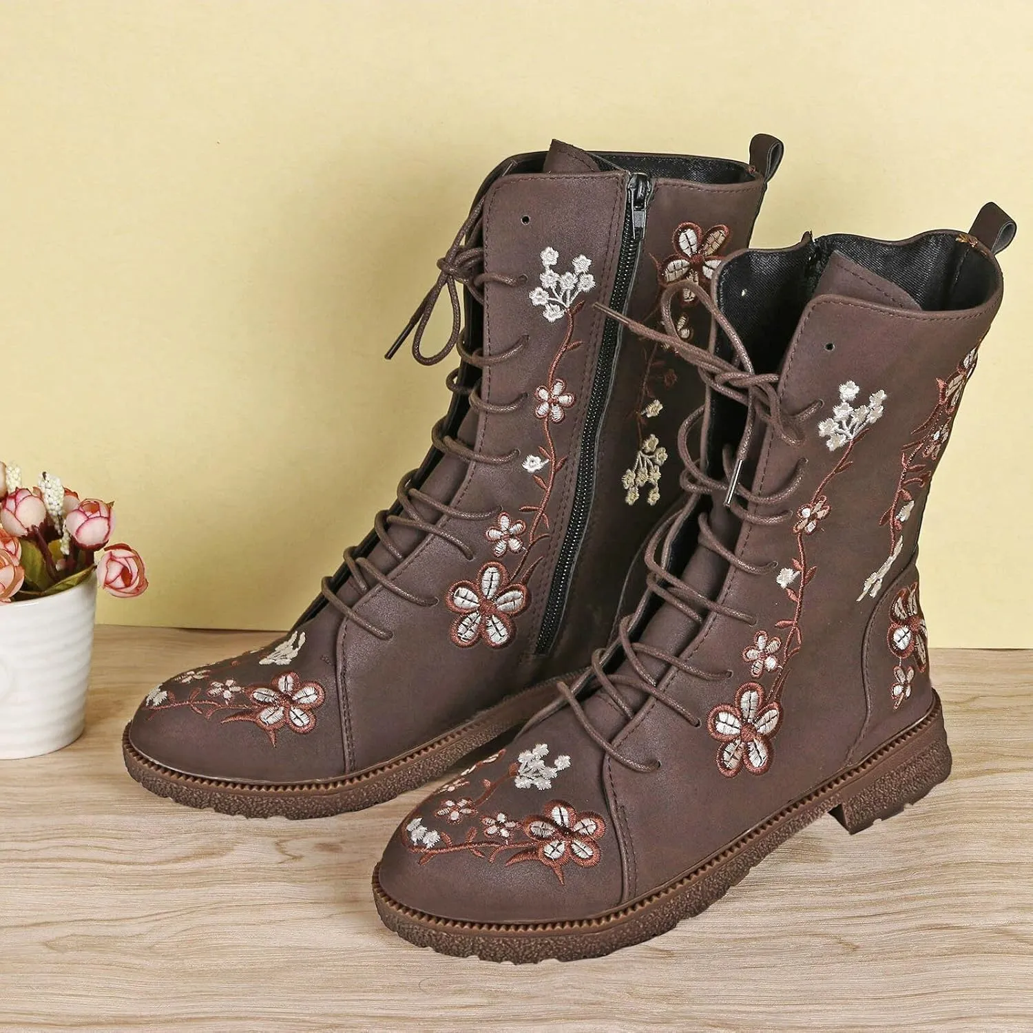 Crzidha Women Combat Boots,Stylish Floral Embroidery Hiking Riding Boots Round Toe Low Heel Long Strappy Lace Up High Top Boots Comfy Winter Walking Daily Work Outdoor Travel Shoes for Women