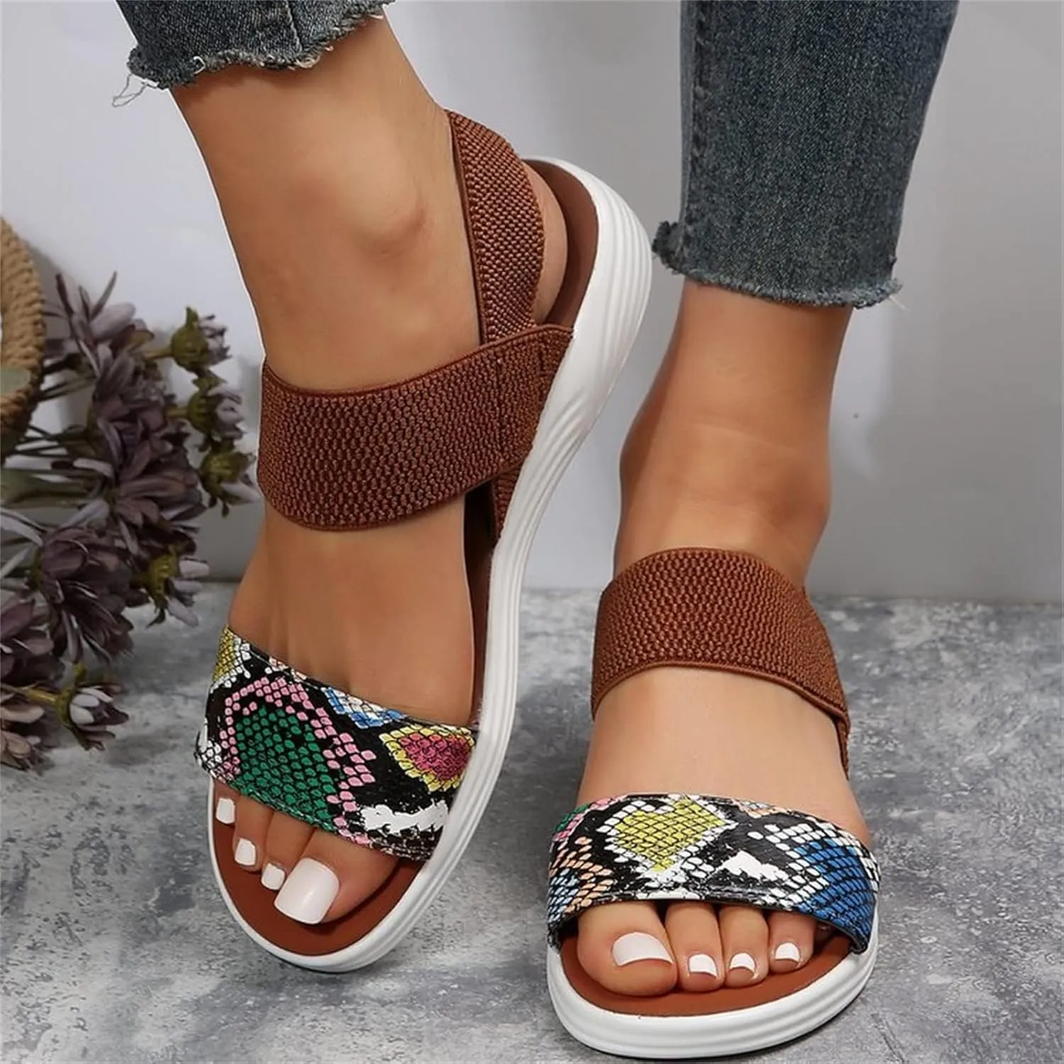 DOIX Womens Flats Sandals Snake Print Open Toe Loafer Walking Shoes Summer Elastic Knitting Ankle Strap Slip on Sandals Washable Slingback Orthopedic Slide Sport Sandals,Brown,US7/EU38