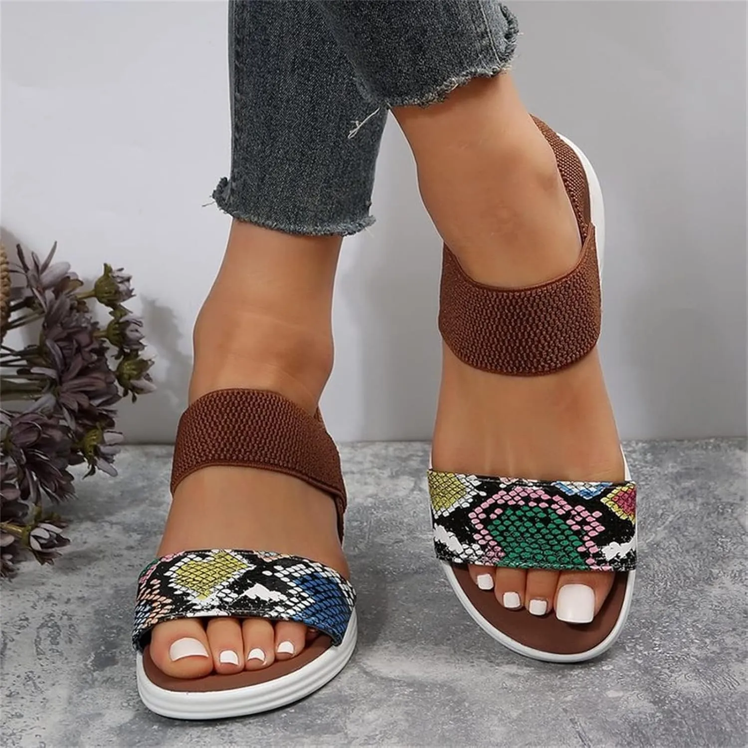 DOIX Womens Flats Sandals Snake Print Open Toe Loafer Walking Shoes Summer Elastic Knitting Ankle Strap Slip on Sandals Washable Slingback Orthopedic Slide Sport Sandals,Brown,US7/EU38