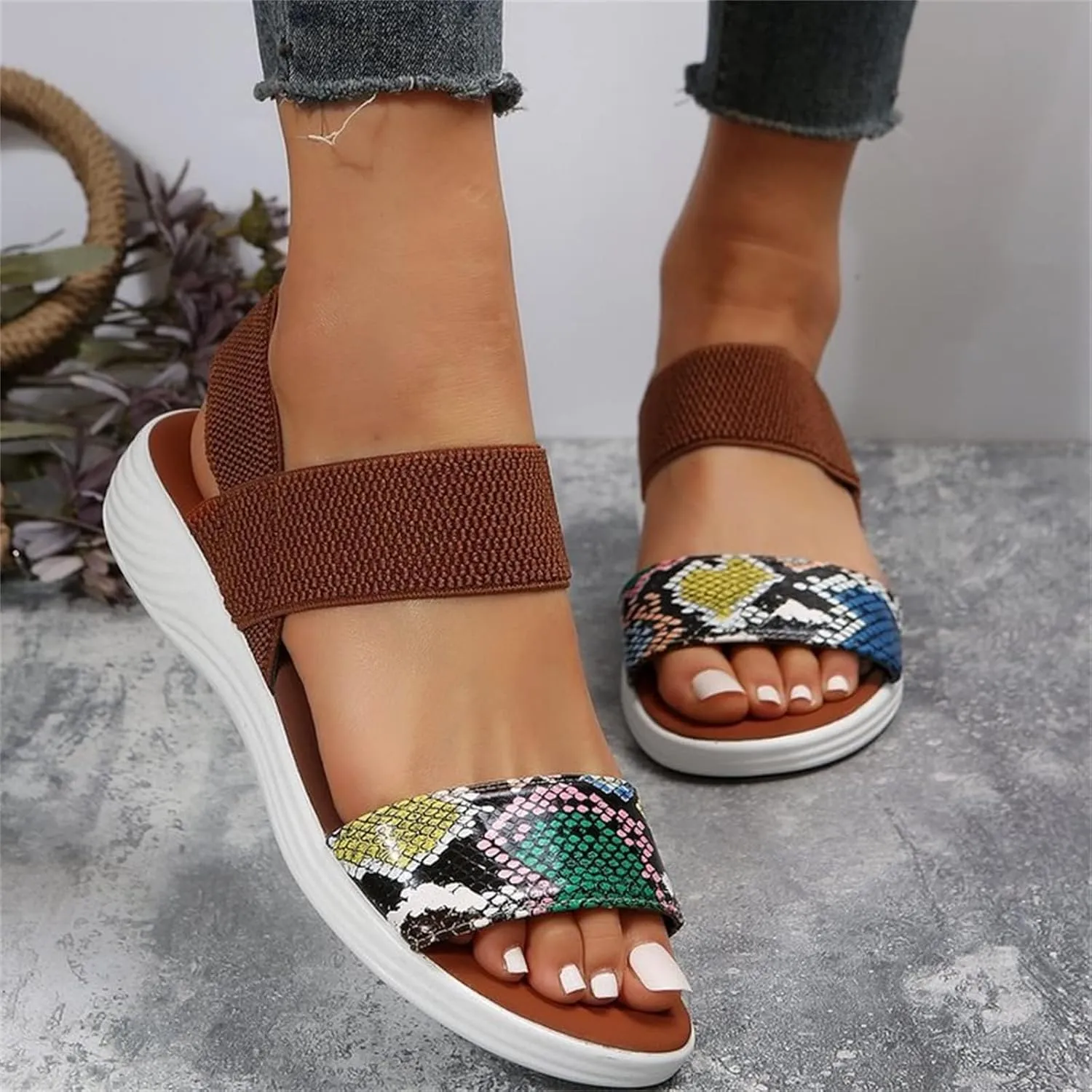 DOIX Womens Flats Sandals Snake Print Open Toe Loafer Walking Shoes Summer Elastic Knitting Ankle Strap Slip on Sandals Washable Slingback Orthopedic Slide Sport Sandals,Brown,US7/EU38