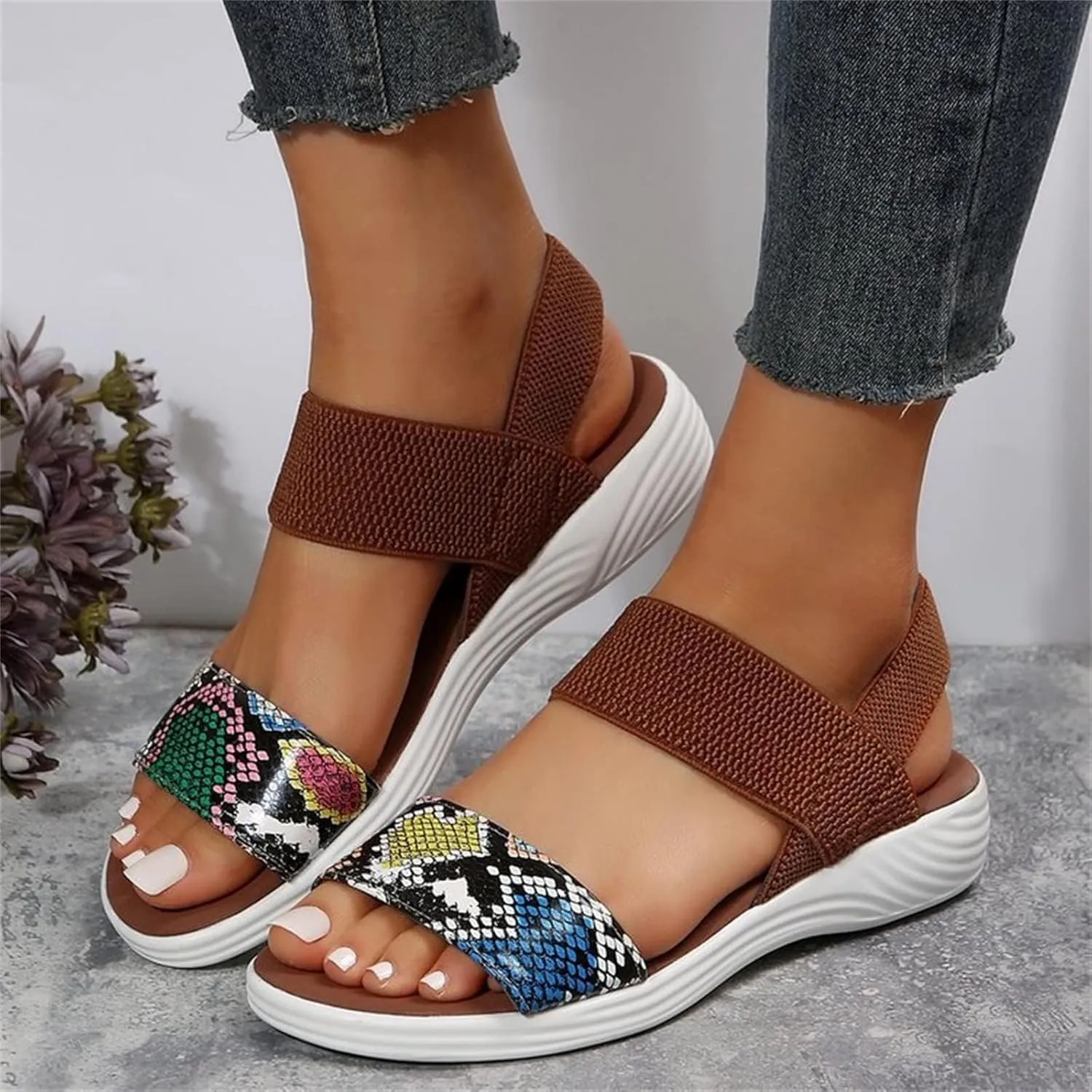 DOIX Womens Flats Sandals Snake Print Open Toe Loafer Walking Shoes Summer Elastic Knitting Ankle Strap Slip on Sandals Washable Slingback Orthopedic Slide Sport Sandals,Brown,US7/EU38