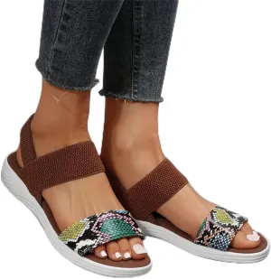 DOIX Womens Flats Sandals Snake Print Open Toe Loafer Walking Shoes Summer Elastic Knitting Ankle Strap Slip on Sandals Washable Slingback Orthopedic Slide Sport Sandals,Brown,US7/EU38