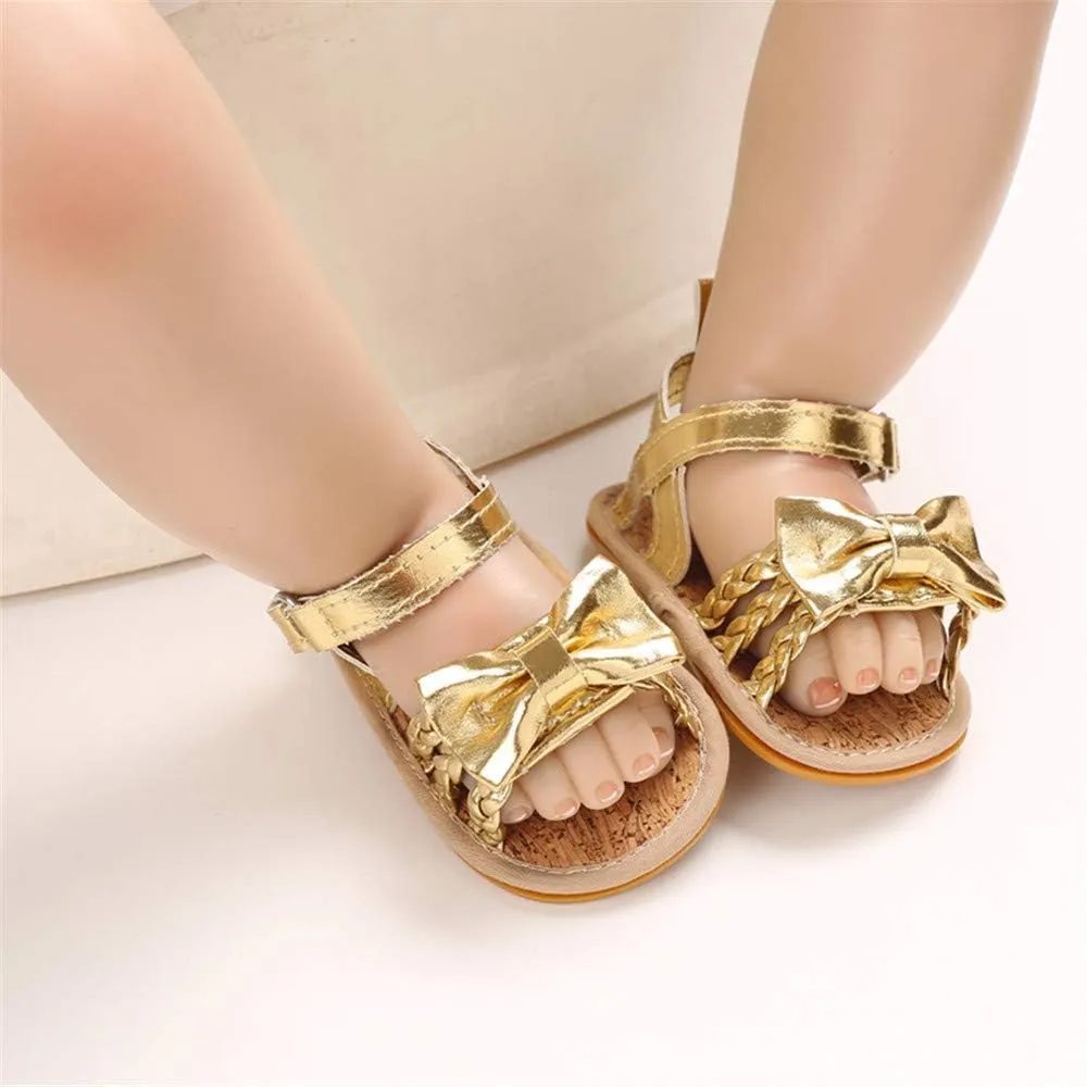 E-FAK Infant Baby Girls Sandals Summer Crib PU Leather Bowknot Soft Anti-Slip Rubber Sole Toddler First Walkers Shoes