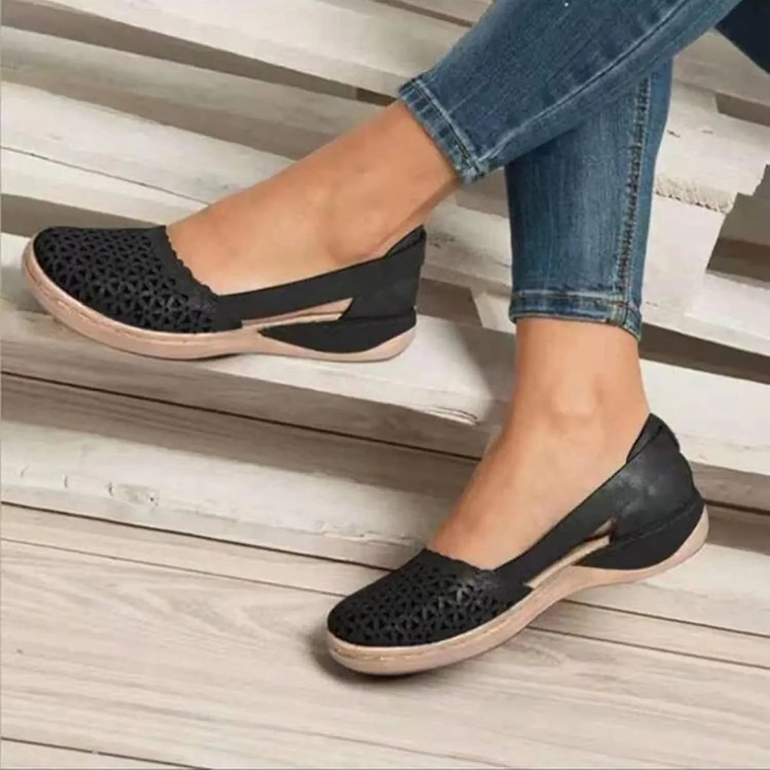 Eduavar Womens Sandals Dressy, Womens Sandals Casual Mule Hollow Out Flat Sandals Breathable Peep Toe Sandals Shoes