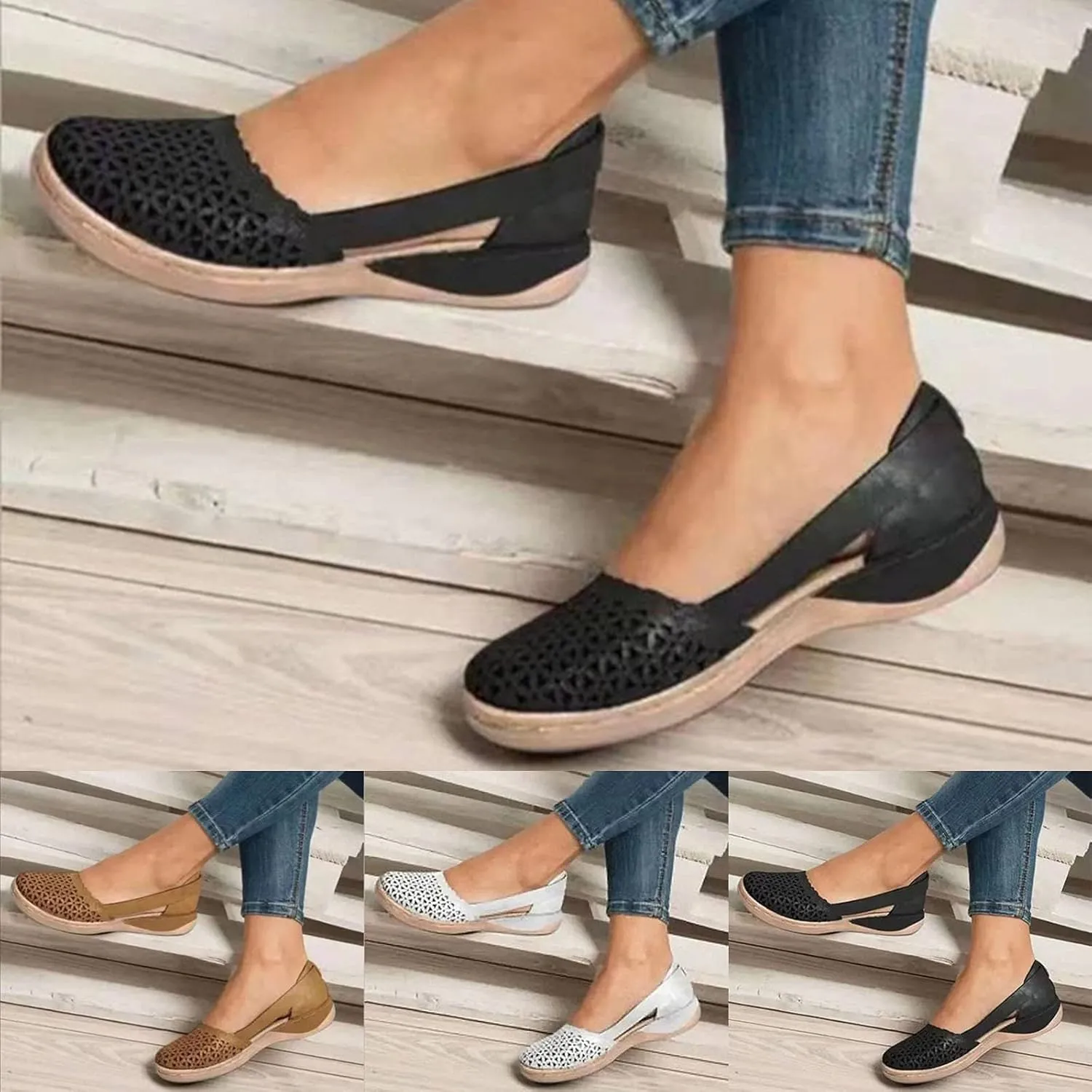 Eduavar Womens Sandals Dressy, Womens Sandals Casual Mule Hollow Out Flat Sandals Breathable Peep Toe Sandals Shoes