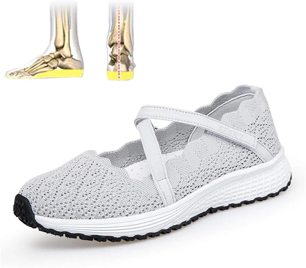 Elderly Orthopaedic Sports Shoes Womens Plantar Fasciitis Cloth Shoe with Breathable Mesh and 3D Anti-Slip Sole for Pregnant Swollen Edema Foot Footwear