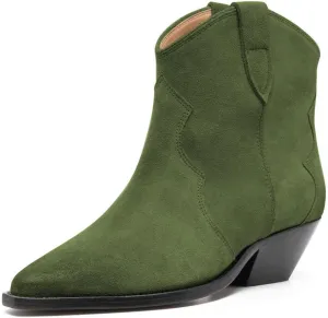 FSJ Women Low Stacked Heel Western Cowboy Ankle Boots Faux Suede Pointed Toe Slip On Retro Cowgirl Booties Wide Calf Formal Outfit Shoes Size 4-16 US
