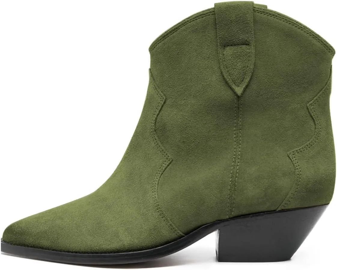FSJ Women Low Stacked Heel Western Cowboy Ankle Boots Faux Suede Pointed Toe Slip On Retro Cowgirl Booties Wide Calf Formal Outfit Shoes Size 4-16 US
