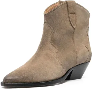 FSJ Women Low Stacked Heel Western Cowboy Ankle Boots Faux Suede Pointed Toe Slip On Retro Cowgirl Booties Wide Calf Formal Outfit Shoes Size 4-16 US