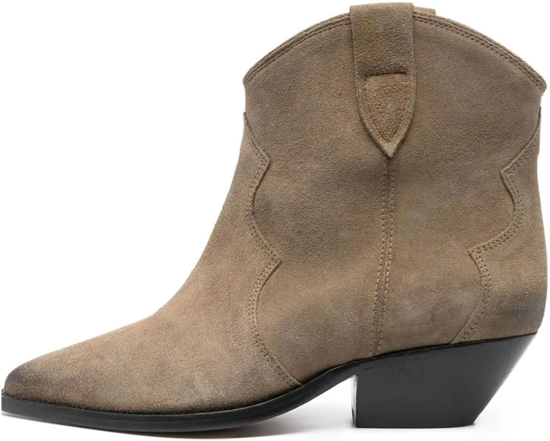 FSJ Women Low Stacked Heel Western Cowboy Ankle Boots Faux Suede Pointed Toe Slip On Retro Cowgirl Booties Wide Calf Formal Outfit Shoes Size 4-16 US