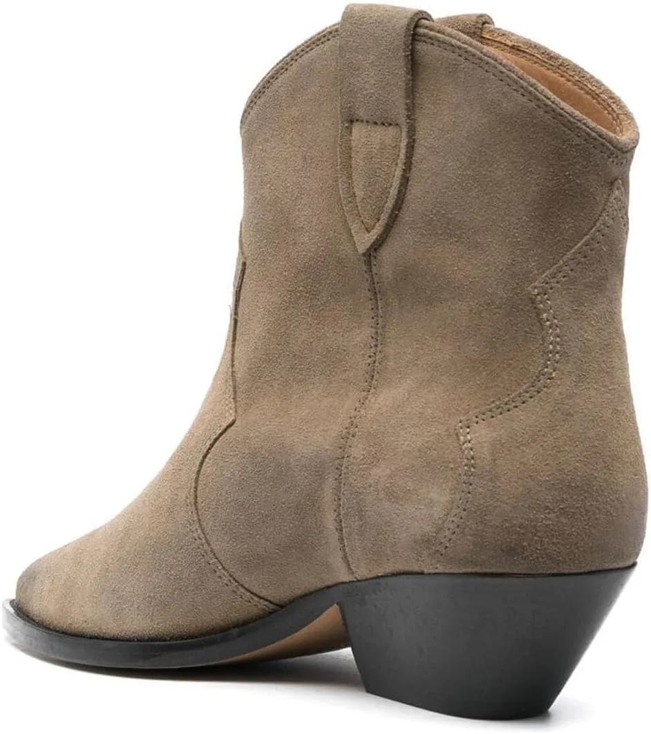 FSJ Women Low Stacked Heel Western Cowboy Ankle Boots Faux Suede Pointed Toe Slip On Retro Cowgirl Booties Wide Calf Formal Outfit Shoes Size 4-16 US