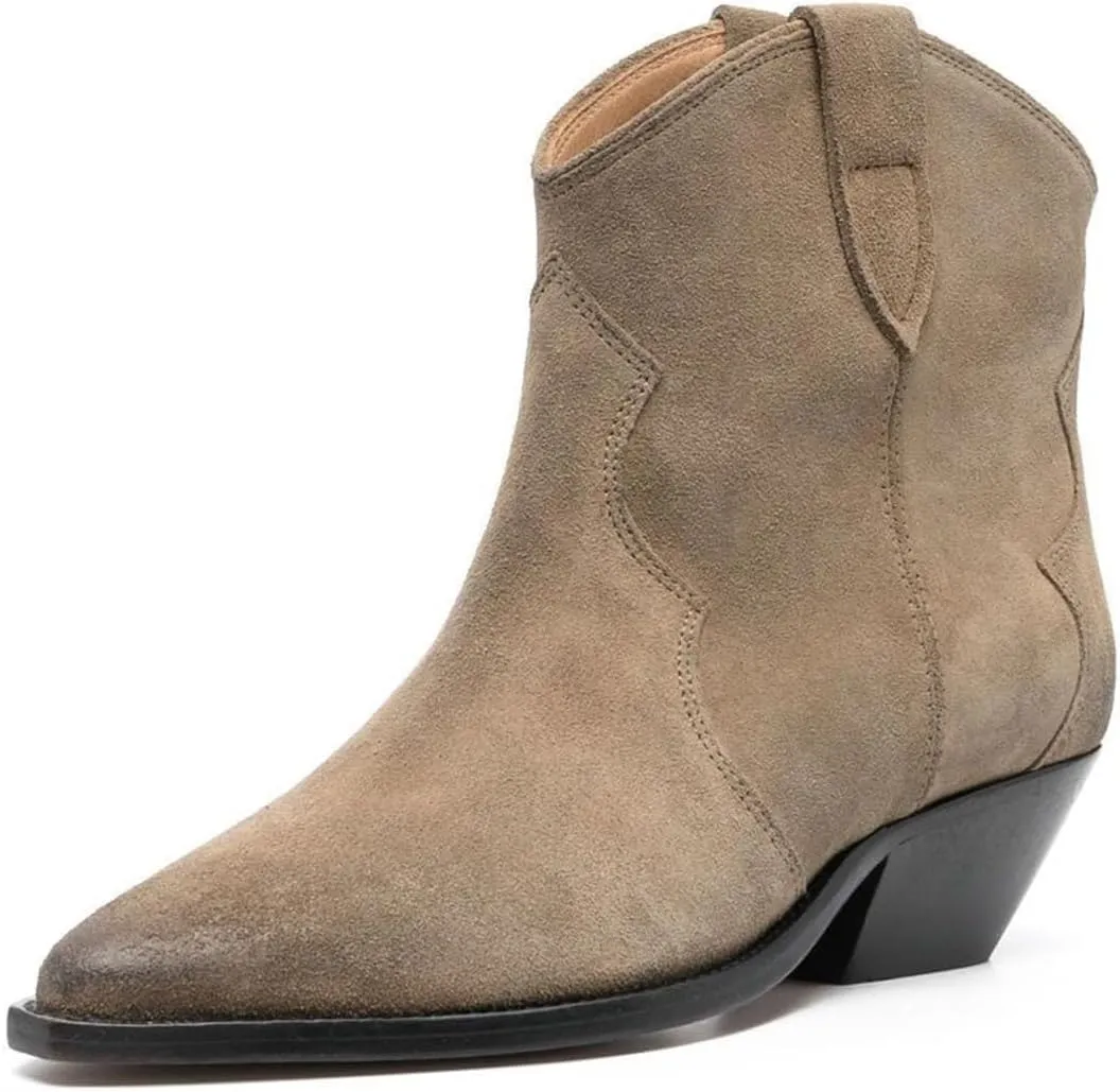 FSJ Women Low Stacked Heel Western Cowboy Ankle Boots Faux Suede Pointed Toe Slip On Retro Cowgirl Booties Wide Calf Formal Outfit Shoes Size 4-16 US