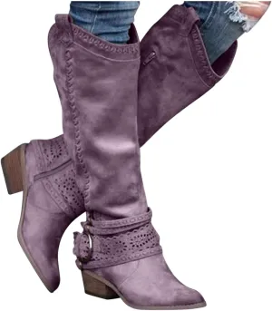 Gibobby Women Boots Mid Knee High Boots Chunky Heel Wide Calf Side Zipper Fashion Winter Shoes Cowboy Booties