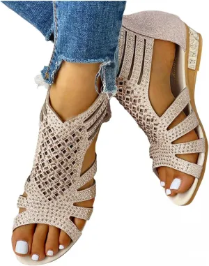 Gibobby Womens Sandals,Womens Summer Crystal Open Toe Flip Flops Shoes Flat Strappy Sandals Comfort Ladies Sandals