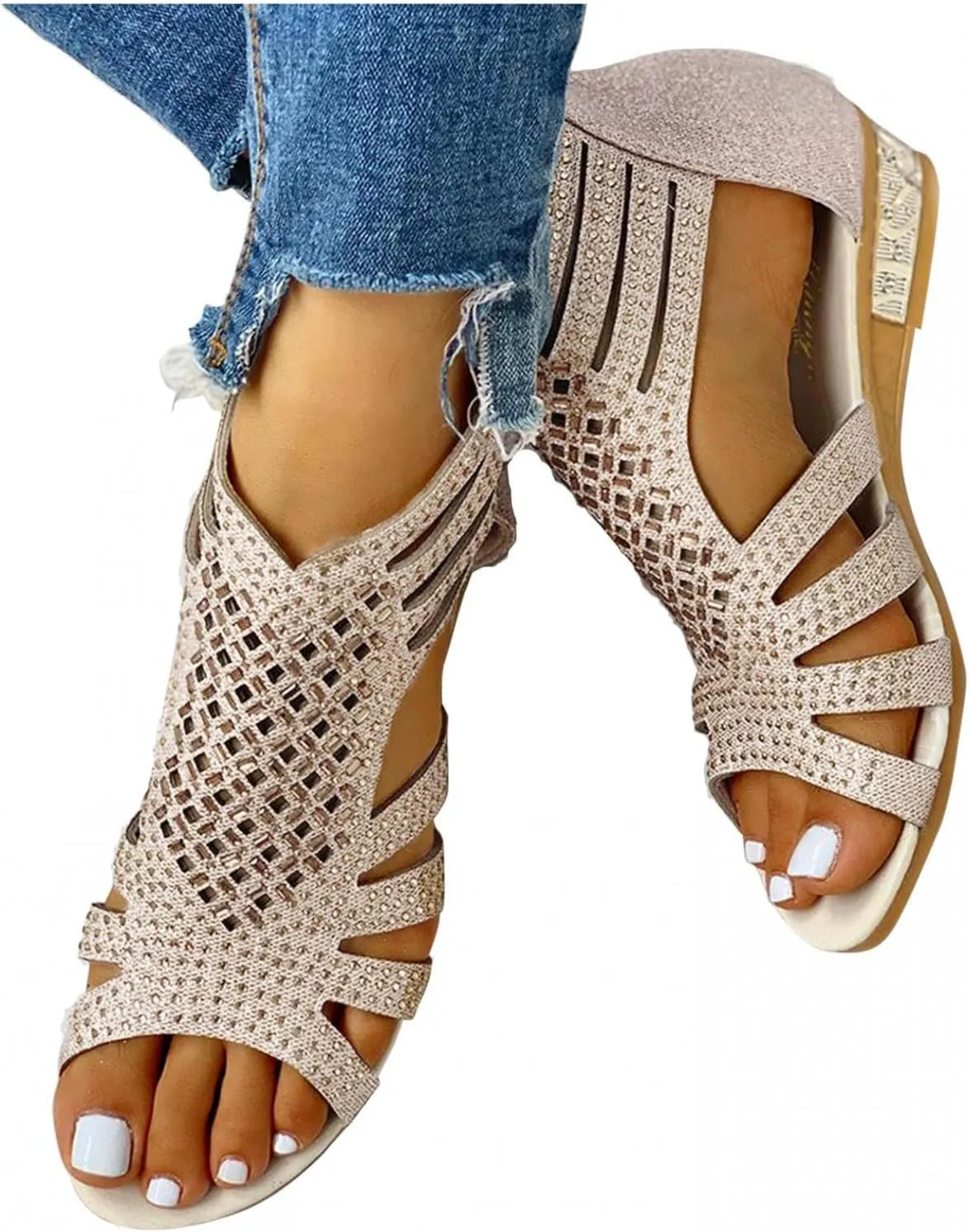Gibobby Womens Sandals,Womens Summer Crystal Open Toe Flip Flops Shoes Flat Strappy Sandals Comfort Ladies Sandals