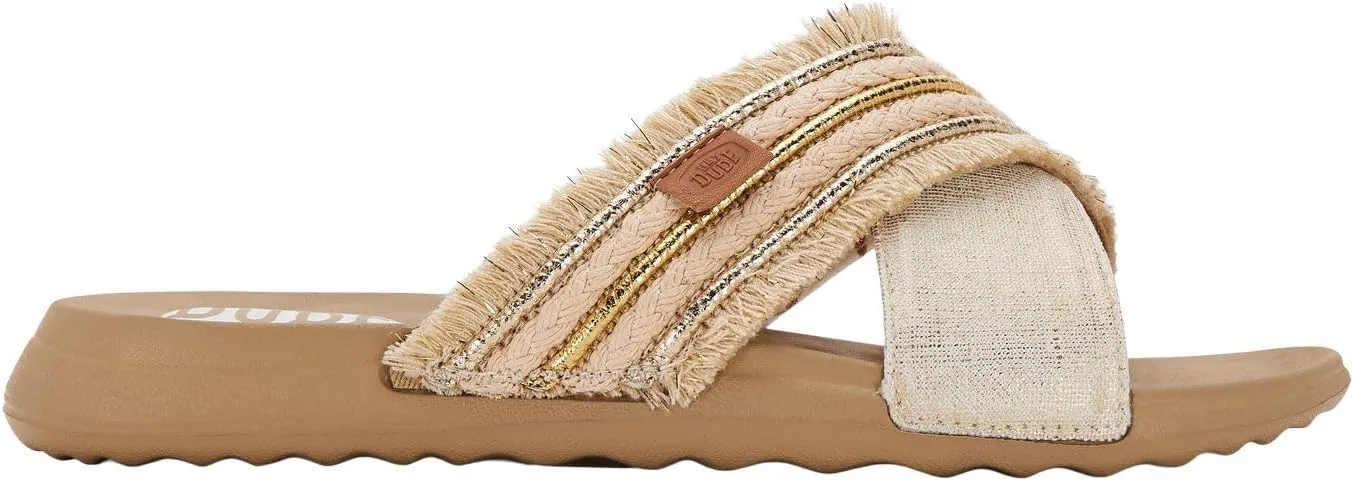 HEYDUDE Christi Slide Novelty Fringe Natural/Gold, Womens Sandals, women's flip flops, Comfortable & Light-Weight