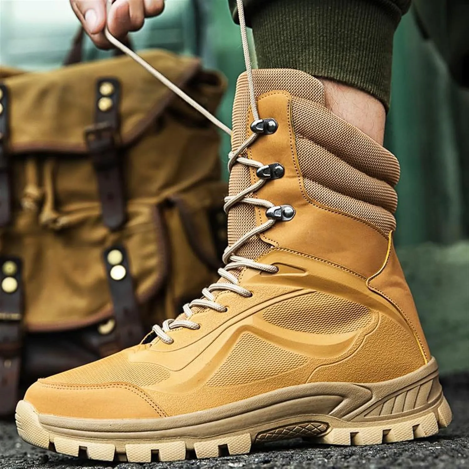 High Rise Hiking Boots, Outdoor Tactical Military Boots, Mens High- top Casual Combat Shoes,Lace- up Motorcycle Biker Waterproof Non- Slip Boots, for Hiking,Hunting,Working,Walking