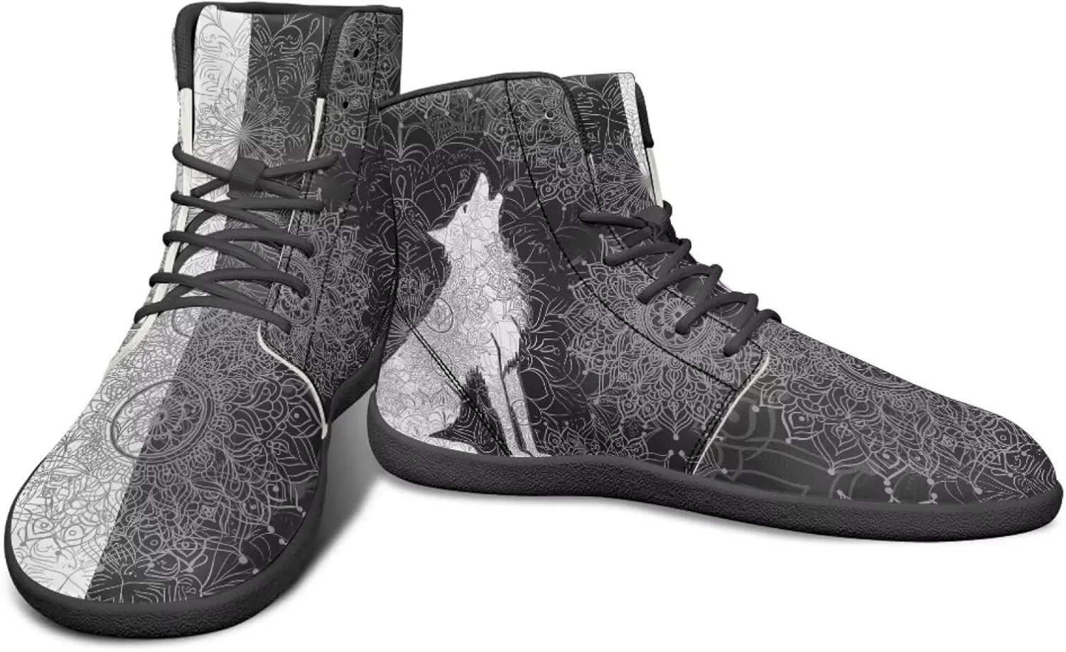 High Top Black White Mandala Animal Pattern Barefoot Shoes for Men Wide Toe Box Zero-Drop Minimalist Design