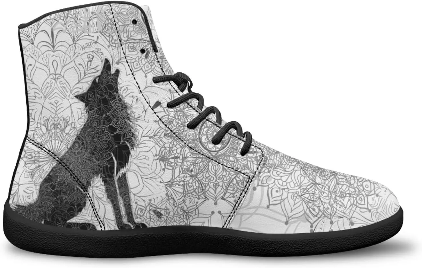 High Top Black White Mandala Animal Pattern Barefoot Shoes for Men Wide Toe Box Zero-Drop Minimalist Design