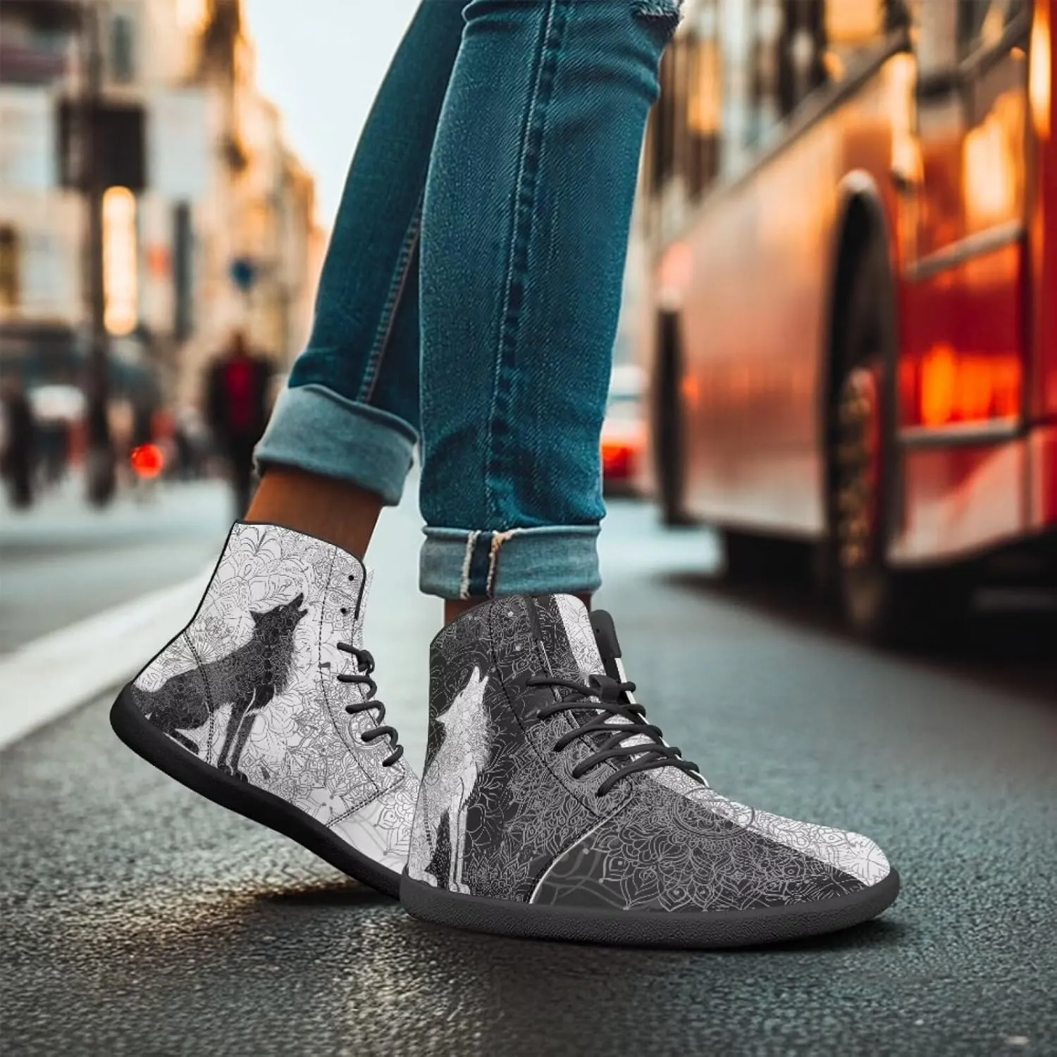 High Top Black White Mandala Animal Pattern Barefoot Shoes for Men Wide Toe Box Zero-Drop Minimalist Design
