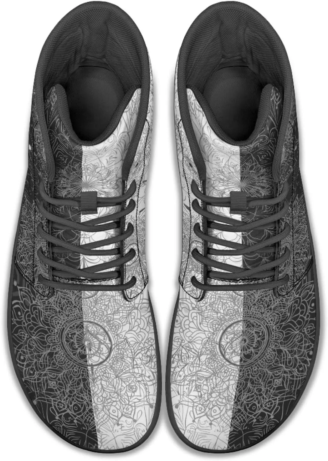 High Top Black White Mandala Animal Pattern Barefoot Shoes for Men Wide Toe Box Zero-Drop Minimalist Design