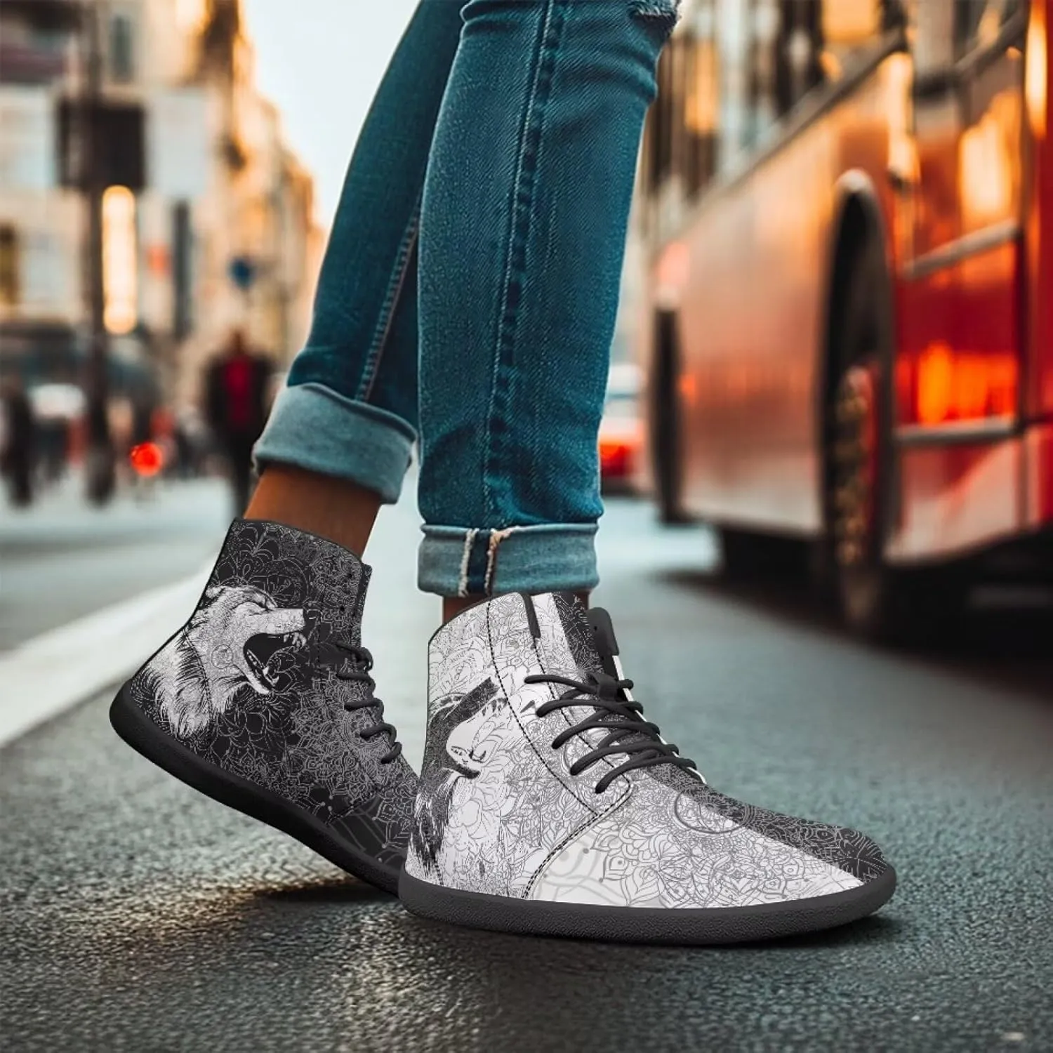 High Top Black White Mandala Animal Pattern Barefoot Shoes for Men Wide Toe Box Zero-Drop Minimalist Design