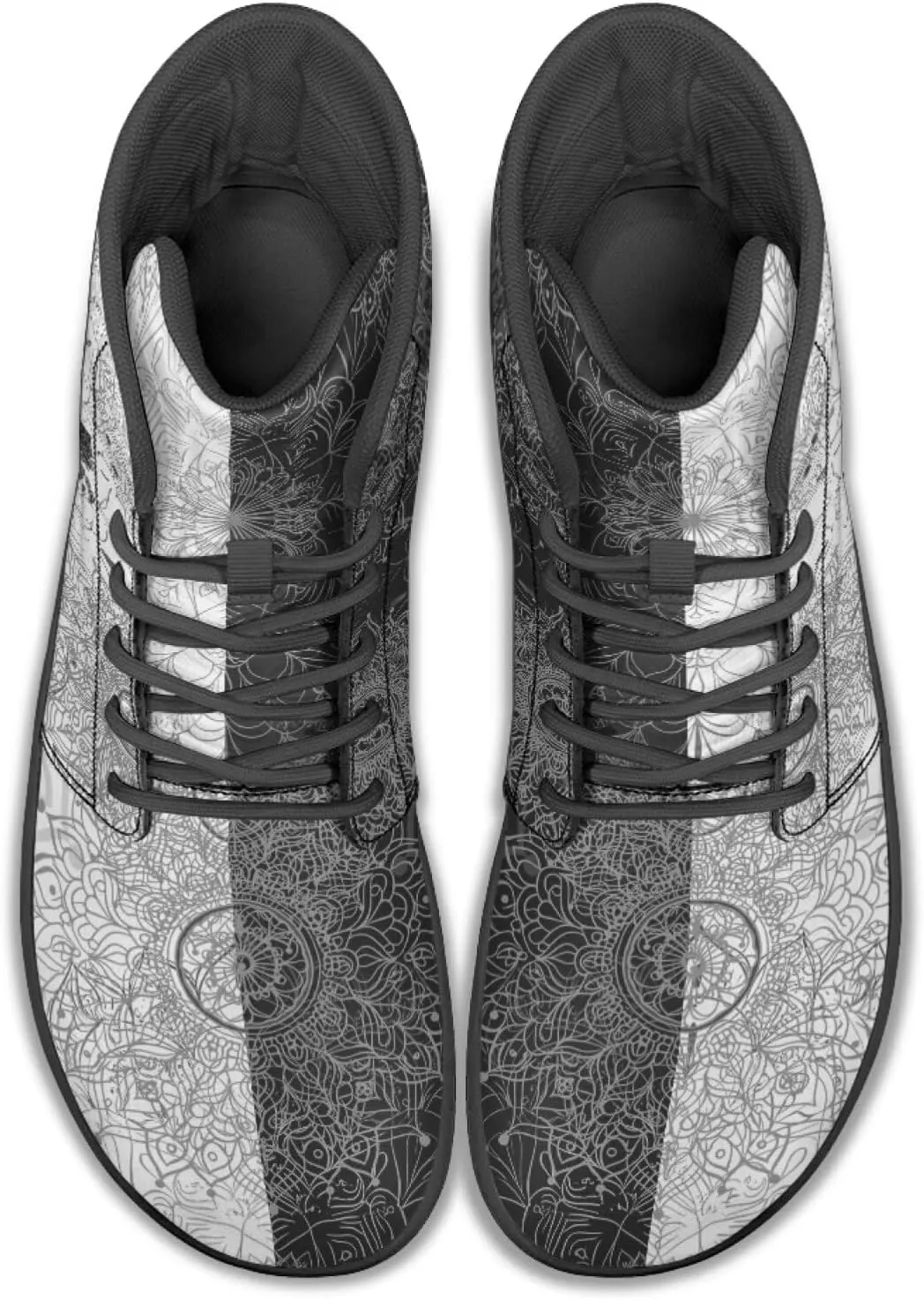 High Top Black White Mandala Animal Pattern Barefoot Shoes for Men Wide Toe Box Zero-Drop Minimalist Design