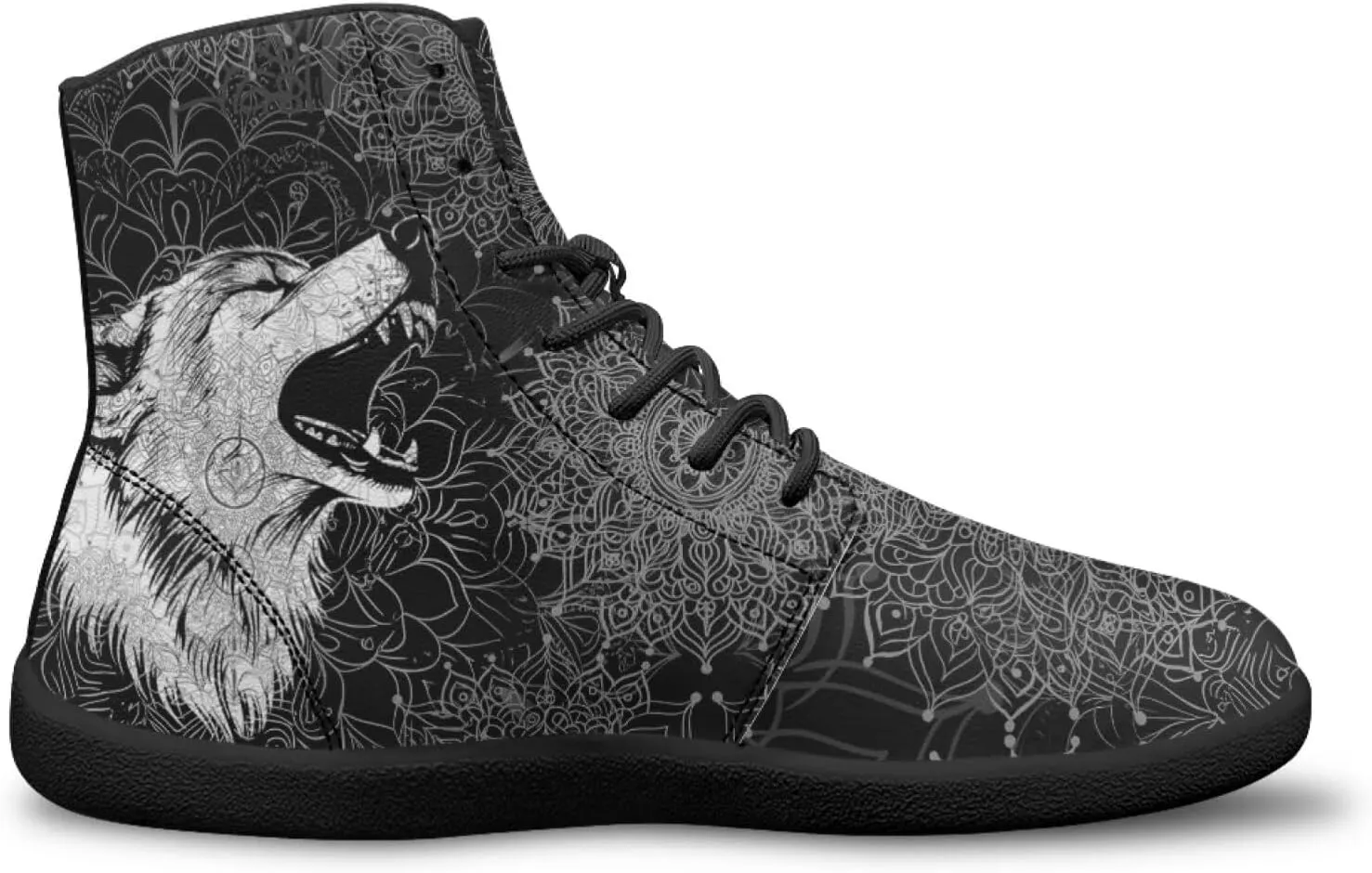 High Top Black White Mandala Animal Pattern Barefoot Shoes for Men Wide Toe Box Zero-Drop Minimalist Design