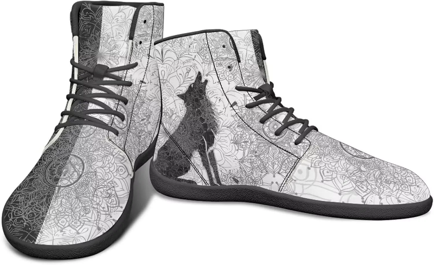 High Top Black White Mandala Animal Pattern Barefoot Shoes for Men Wide Toe Box Zero-Drop Minimalist Design