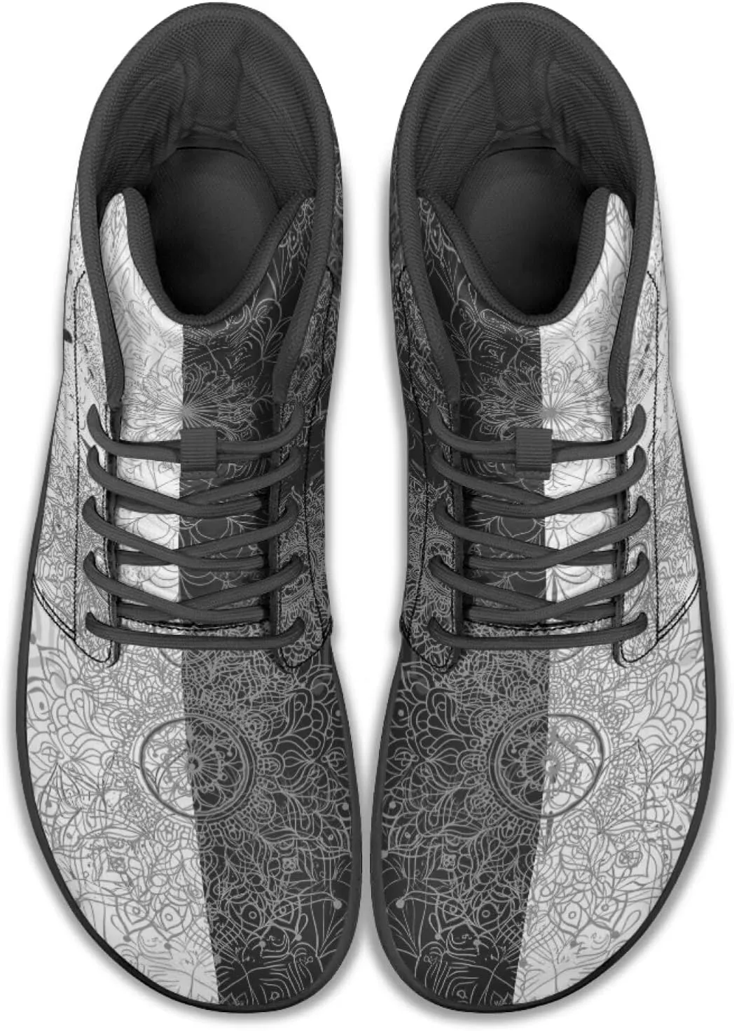 High Top Black White Mandala Animal Pattern Barefoot Shoes for Men Wide Toe Box Zero-Drop Minimalist Design