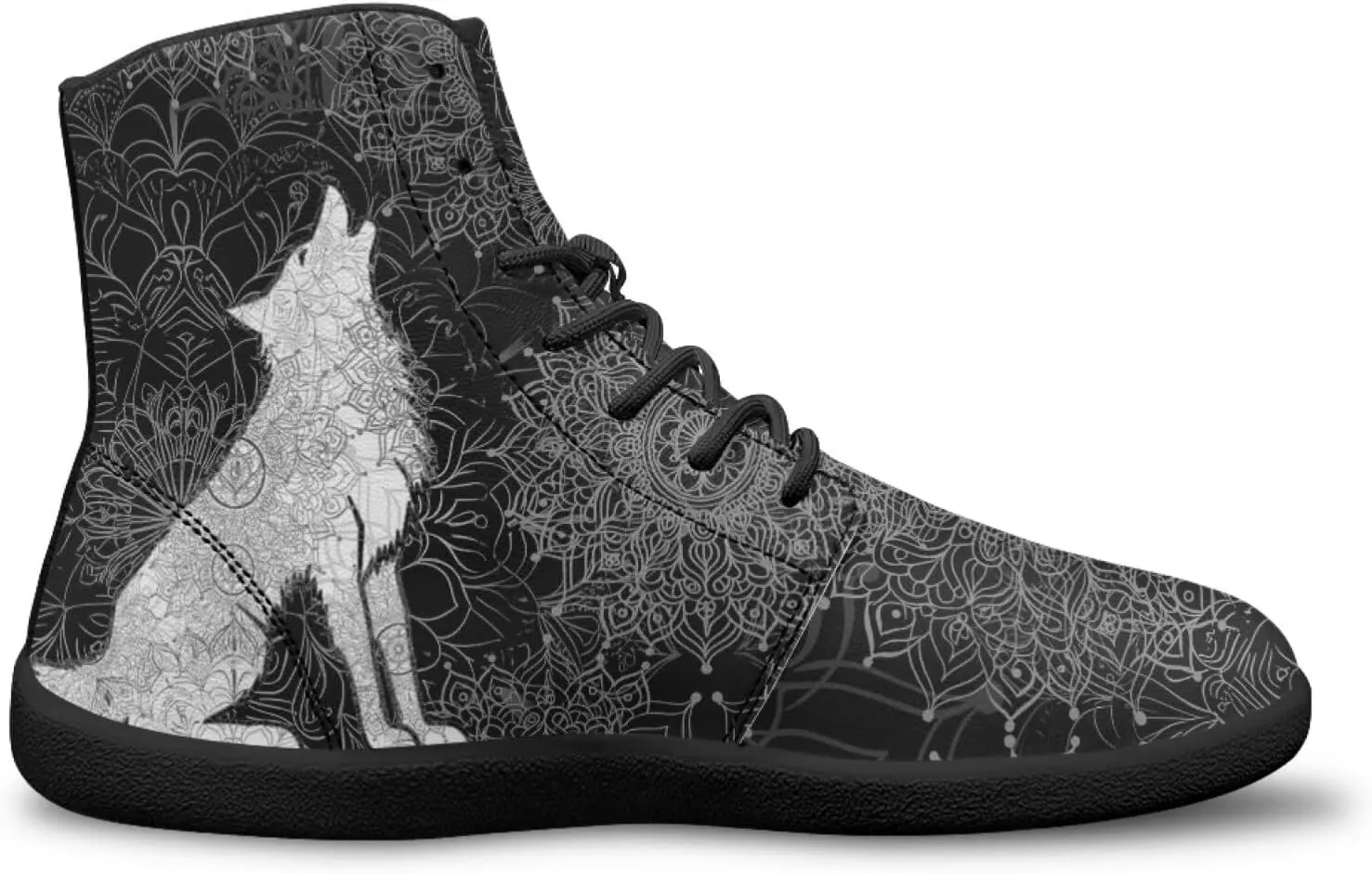 High Top Black White Mandala Animal Pattern Barefoot Shoes for Men Wide Toe Box Zero-Drop Minimalist Design