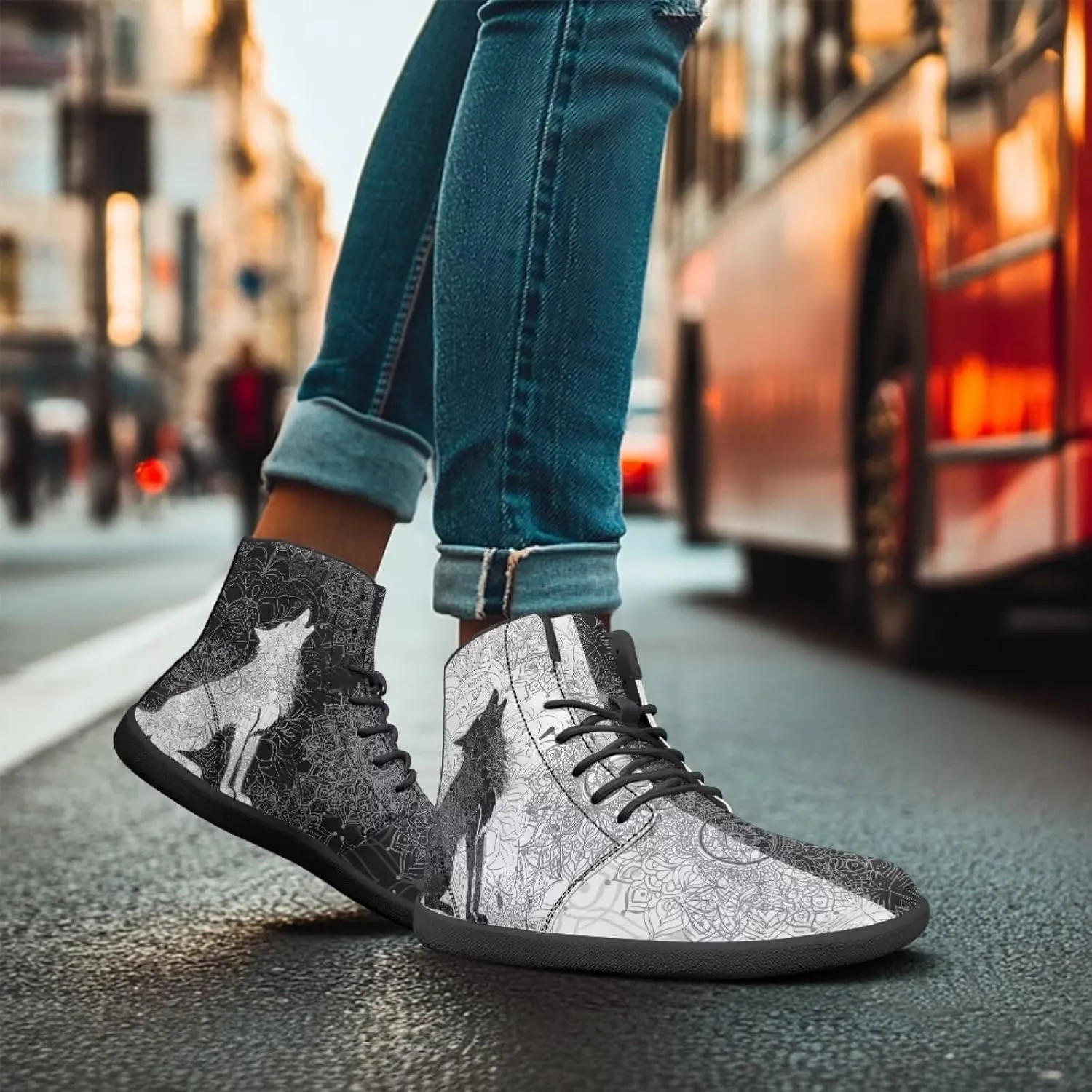 High Top Black White Mandala Animal Pattern Barefoot Shoes for Men Wide Toe Box Zero-Drop Minimalist Design