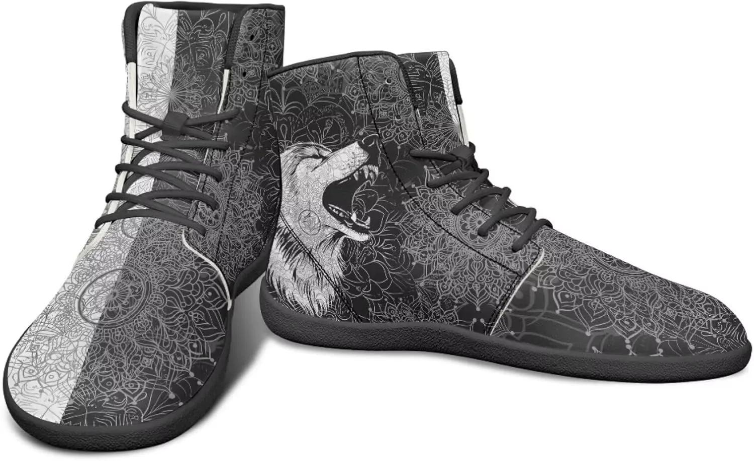 High Top Black White Mandala Animal Pattern Barefoot Shoes for Men Wide Toe Box Zero-Drop Minimalist Design