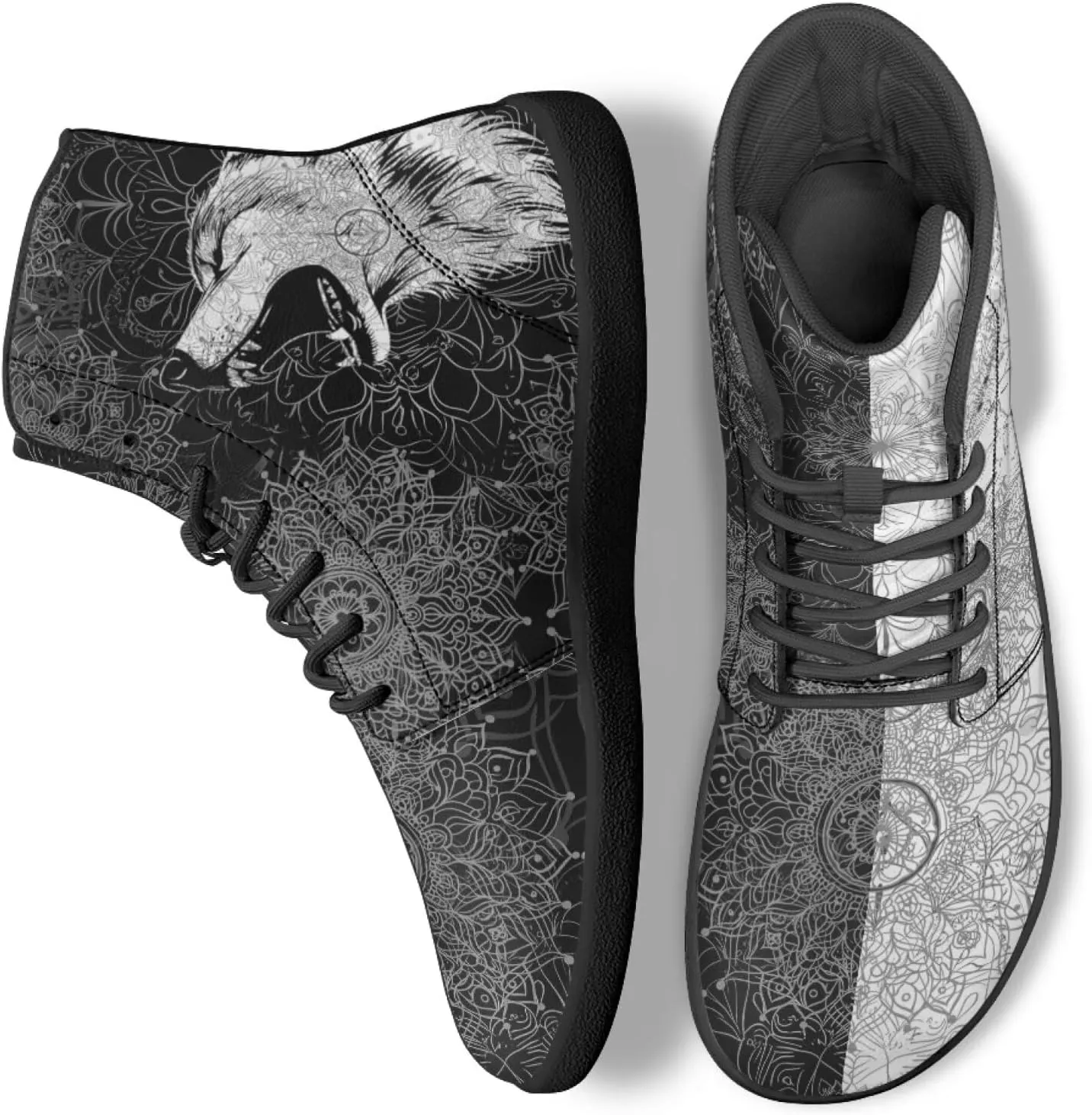 High Top Black White Mandala Animal Pattern Barefoot Shoes for Men Wide Toe Box Zero-Drop Minimalist Design