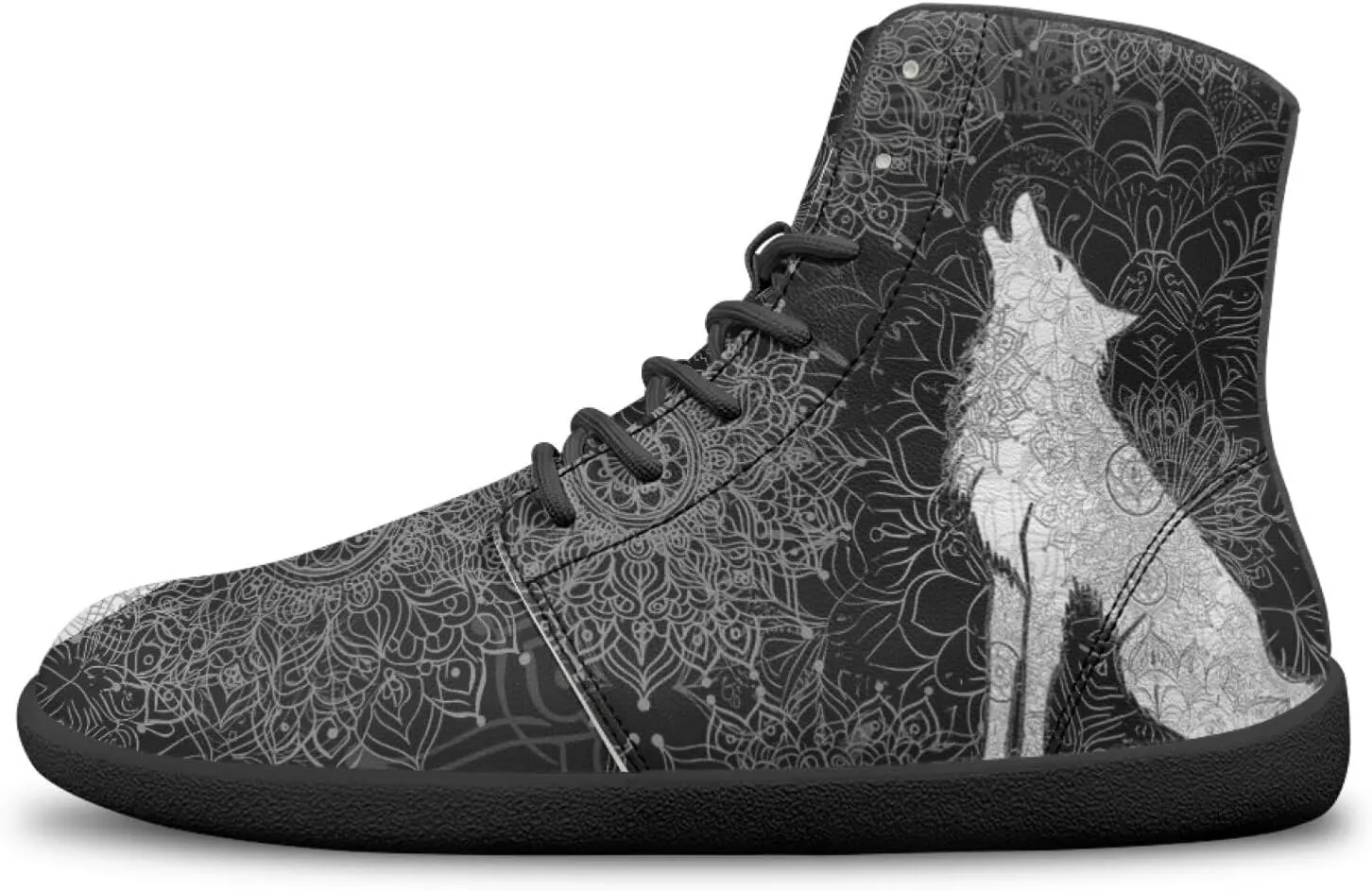 High Top Black White Mandala Animal Pattern Barefoot Shoes for Men Wide Toe Box Zero-Drop Minimalist Design