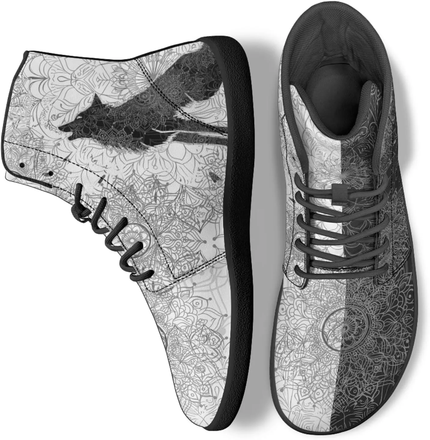 High Top Black White Mandala Animal Pattern Barefoot Shoes for Men Wide Toe Box Zero-Drop Minimalist Design