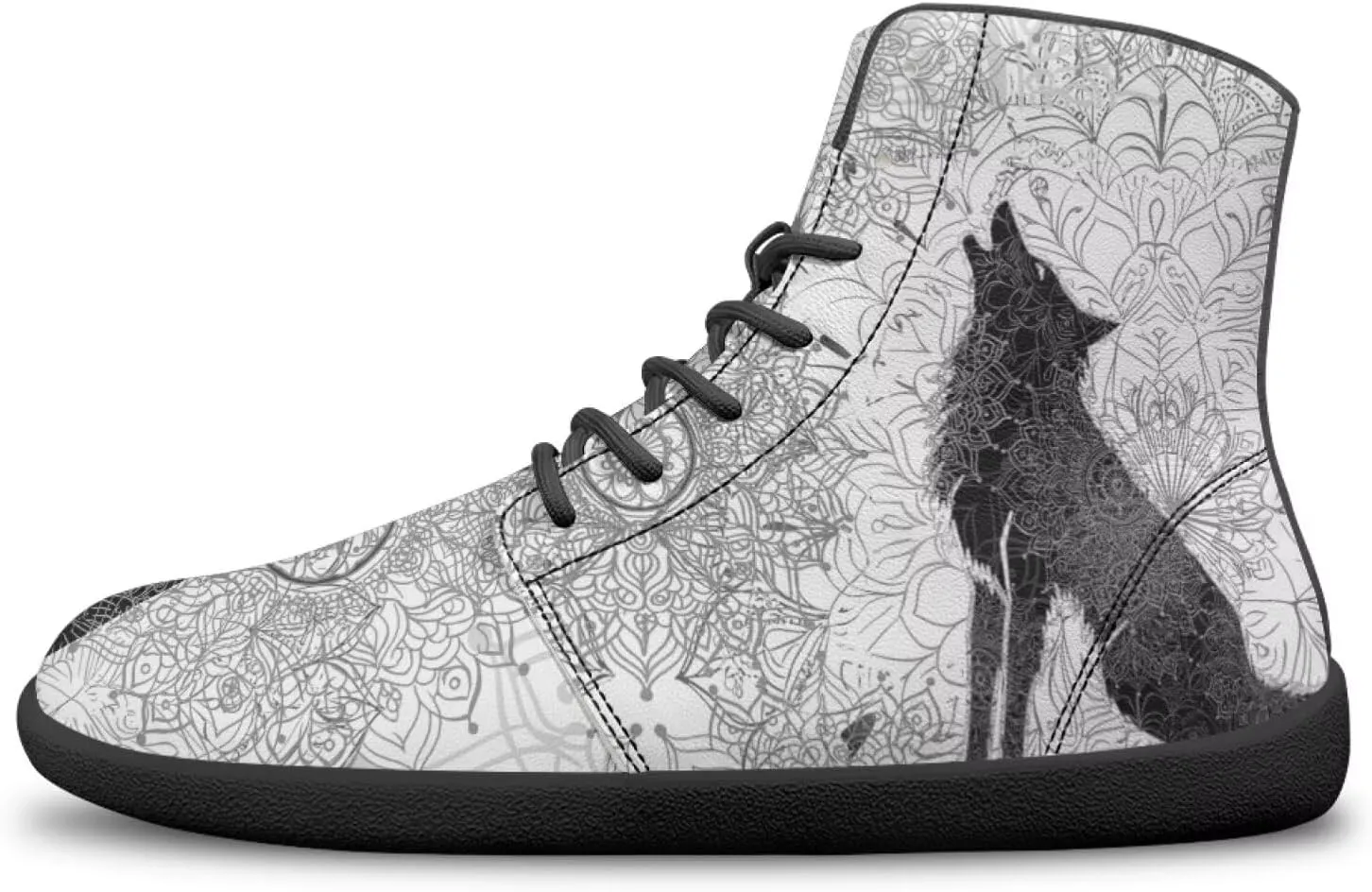 High Top Black White Mandala Animal Pattern Barefoot Shoes for Men Wide Toe Box Zero-Drop Minimalist Design