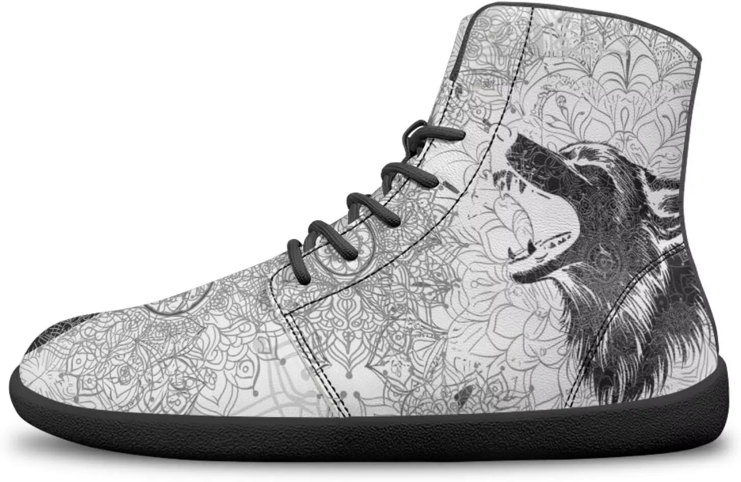 High Top Black White Mandala Animal Pattern Barefoot Shoes for Men Wide Toe Box Zero-Drop Minimalist Design