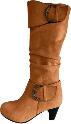 hlysgo Womens Fall Fashion 2025 Casual Slouchy Suede Boots for Women Warm Winter Waterproof Round Toe Heeled Boots & Booties