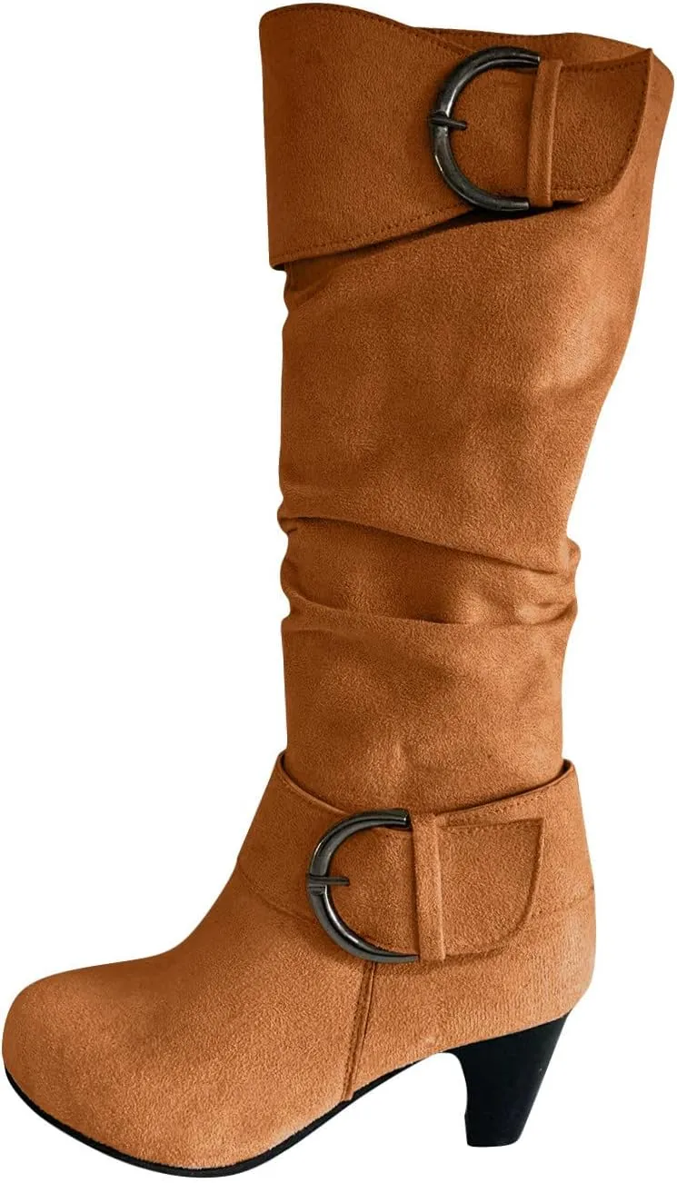 hlysgo Womens Fall Fashion 2025 Casual Slouchy Suede Boots for Women Warm Winter Waterproof Round Toe Heeled Boots & Booties