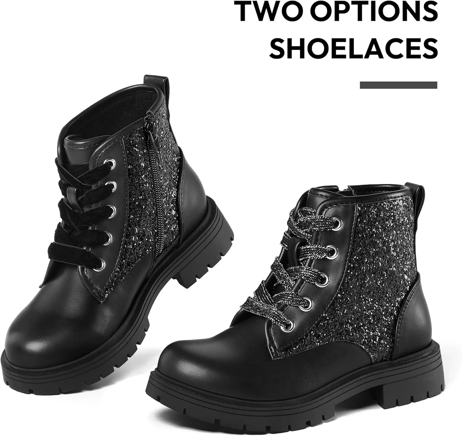 K KomForme Girls Glitter Ankle Boots Lace Up Waterproof Combat Shoes With Side Zipper for Toddler/Little Kid/Big Kid