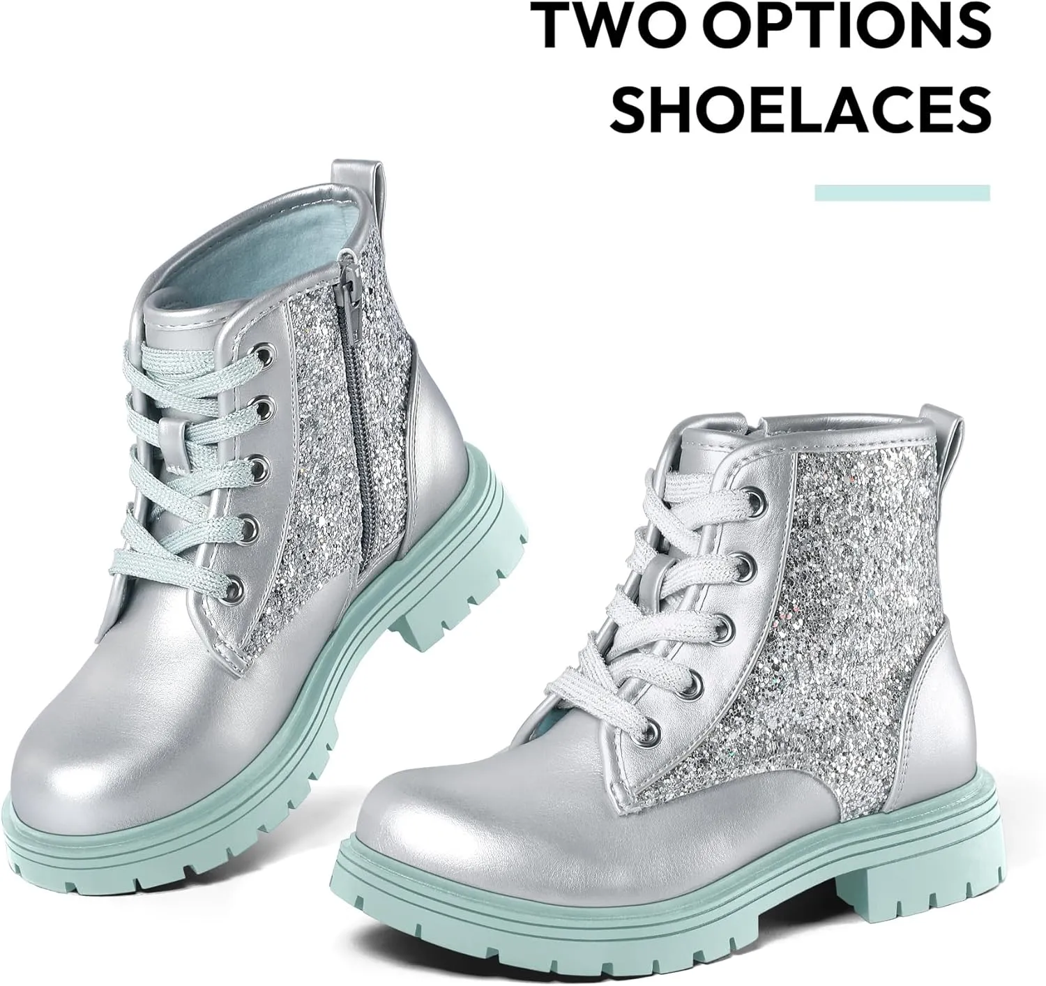 K KomForme Girls Glitter Ankle Boots Lace Up Waterproof Combat Shoes With Side Zipper for Toddler/Little Kid/Big Kid