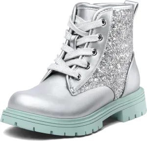 K KomForme Girls Glitter Ankle Boots Lace Up Waterproof Combat Shoes With Side Zipper for Toddler/Little Kid/Big Kid