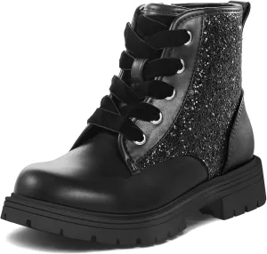 K KomForme Girls Glitter Ankle Boots Lace Up Waterproof Combat Shoes With Side Zipper for Toddler/Little Kid/Big Kid