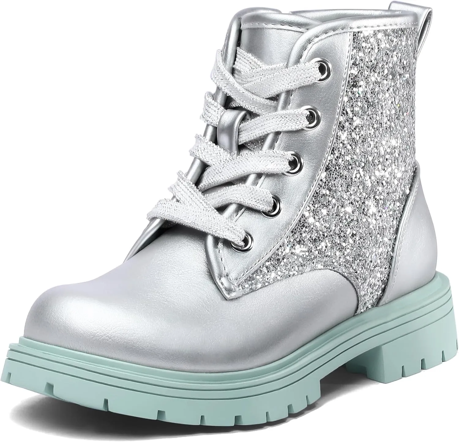 K KomForme Girls Glitter Ankle Boots Lace Up Waterproof Combat Shoes With Side Zipper for Toddler/Little Kid/Big Kid